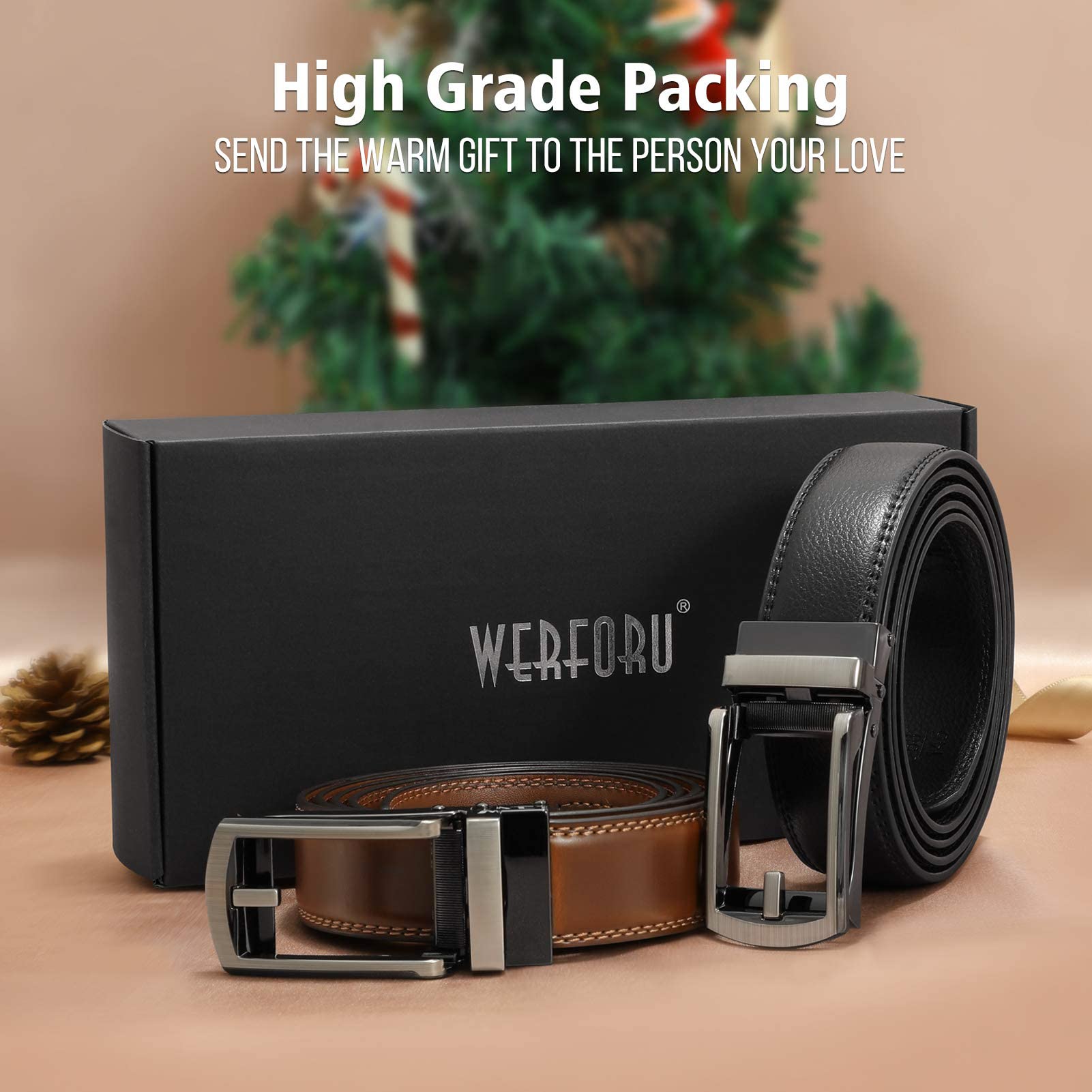 WERFORU Men's Ratchet Belts, 2 Pack Leather Belts for Men Dress and Casual with Automatic Buckle