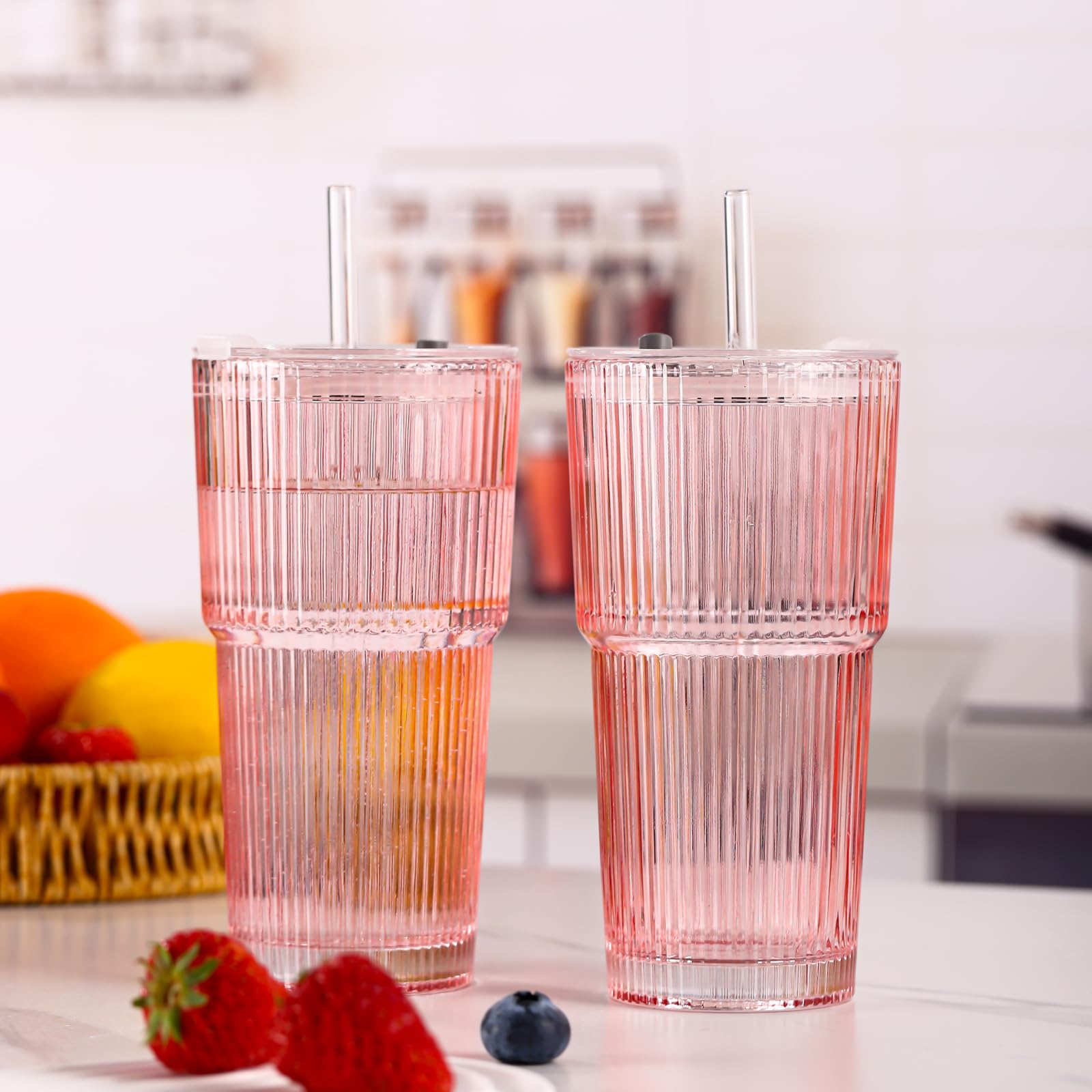 SIPBYSOP 4PCS Ribbed Glass Cups with Lids and Straws, 20oz Vintage Drinking Glasses, Aesthetic Iced Coffee Cups, Glass Tumbler for Boba, Beer, Tea, Cocktails, Ribbed Glassware Set,Pink