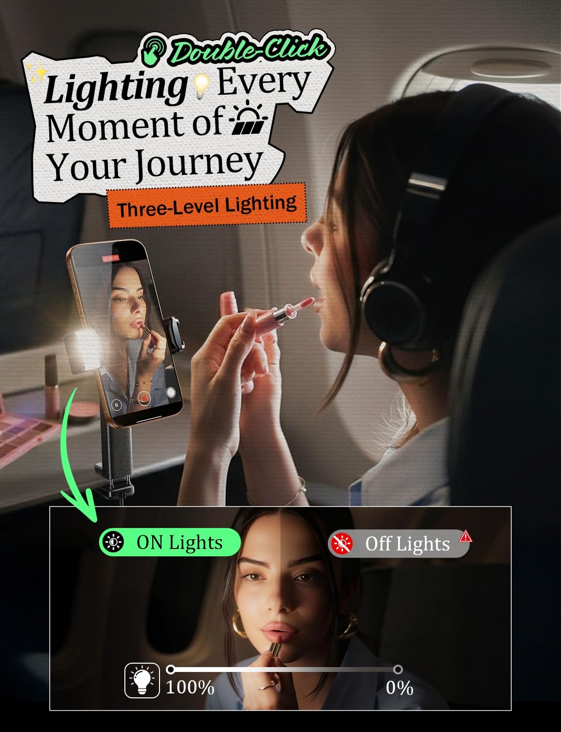 LISEN Best Airplane Tech Gadgets Tech Accessories Airplane Phone Holder (LED Light) Travel Essentials for Flying Gifts for Women Her Long Flight Travel Accessories for Women Men Selfie Photography