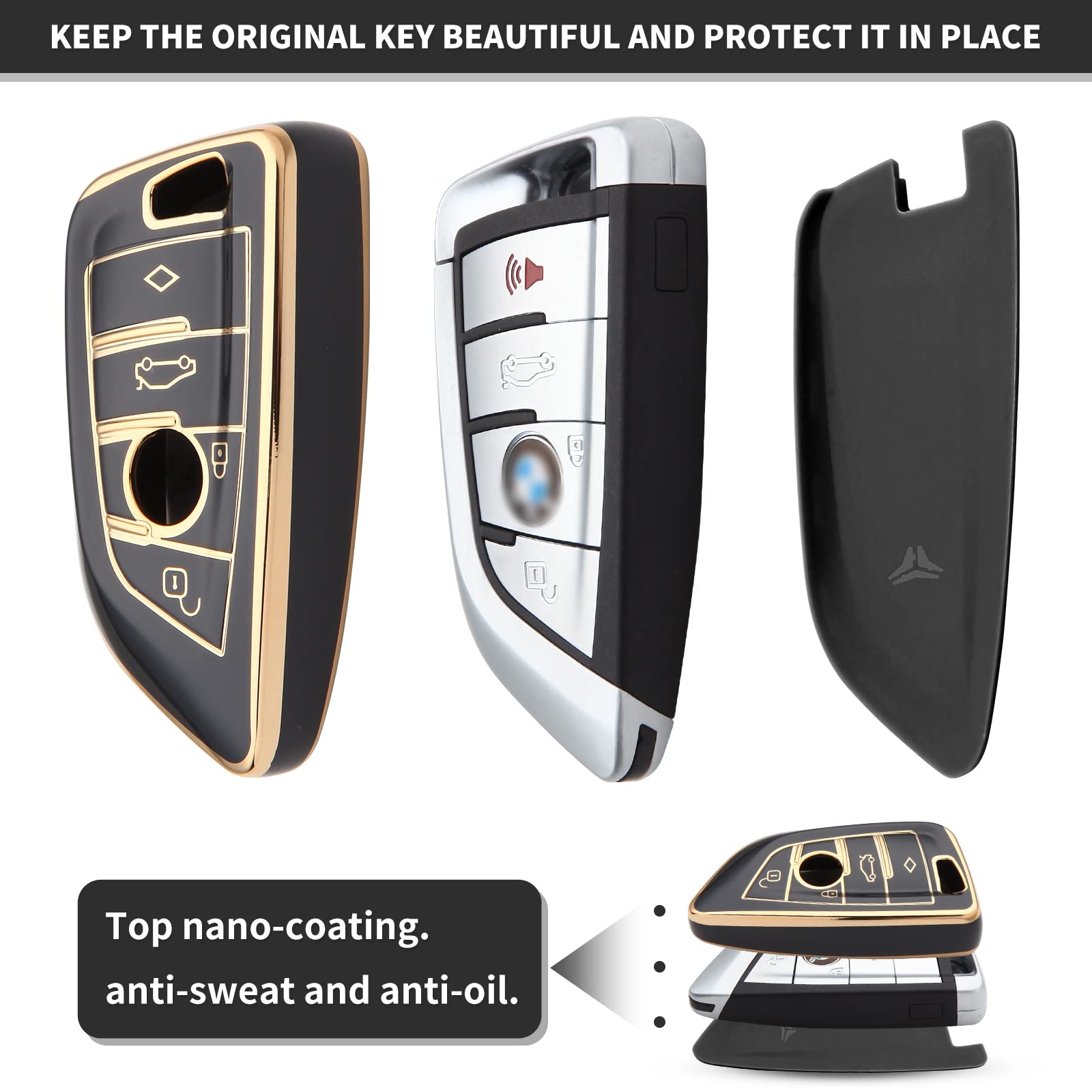 QfungYe Compatible For BMW 2 3 5 6 7 X1 X2 X3 X4 X5 X6 Series Wristlet Key Fob Cover,Anti-Fingerprint Special TPU Key Case,For Women Accessories(Black)