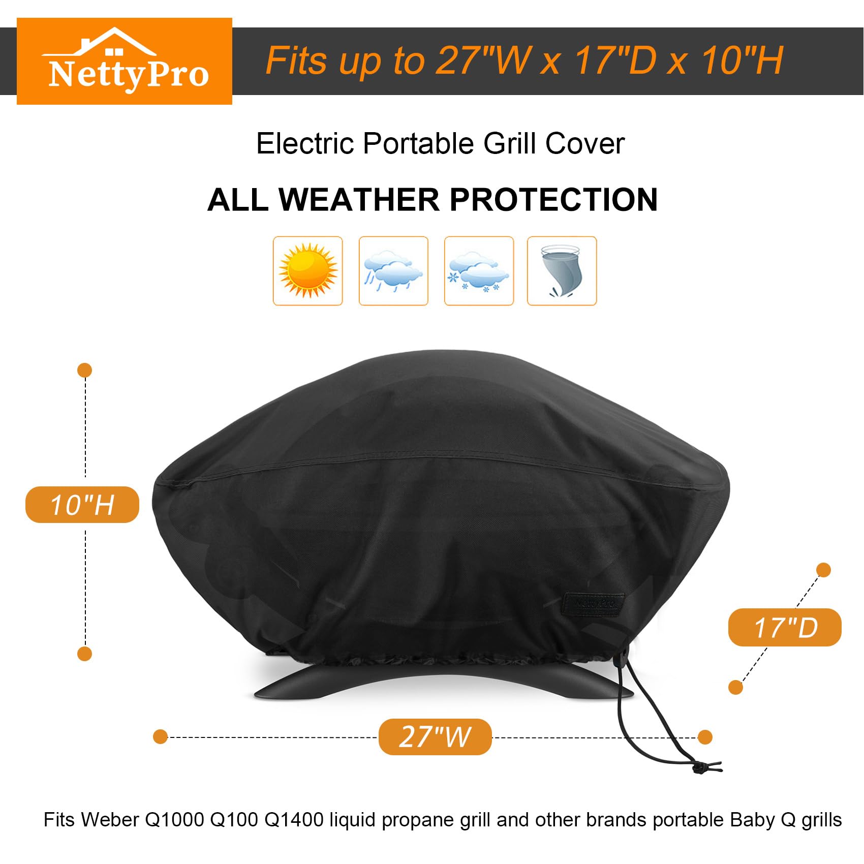 NettyPro Grill Cover for Small Q Series, Waterproof Heavy Duty UV Resistant Portable Grill Cover for Q 1400/1000 Series and Baby Q Gas, Black