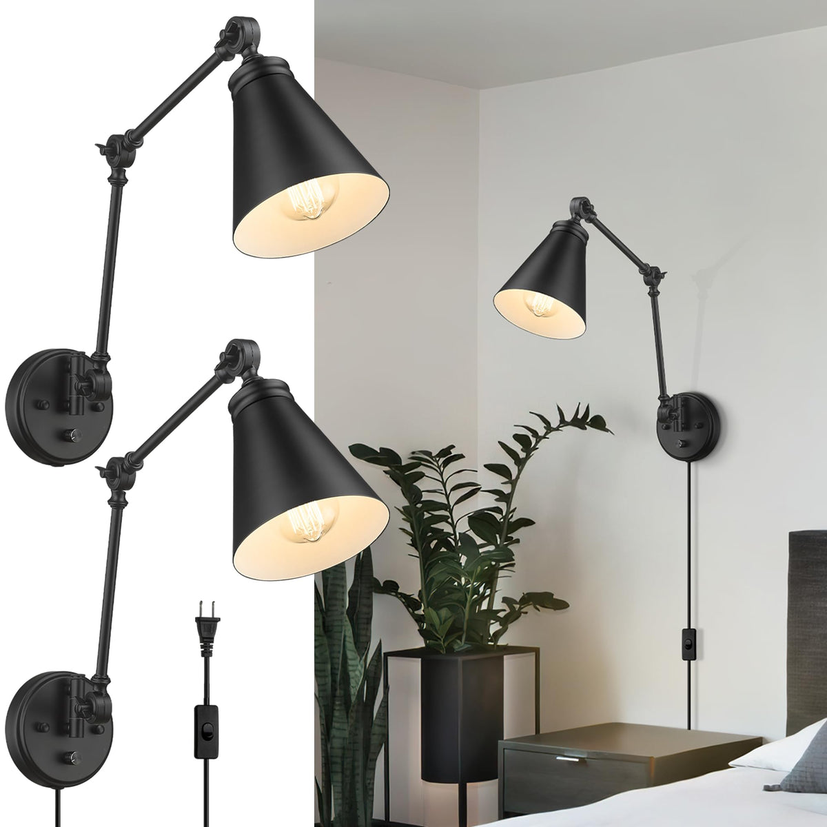 LIROUVET Plug in Wall Sconces Set of Two, Adjustable Swing Arm Wall Lamp, Industrial Sconces Wall Lighting with Dimmable On/Off Switch Plug-in Cord, Black Foldable Wall Light for Bedroom WL02-2PKBK
