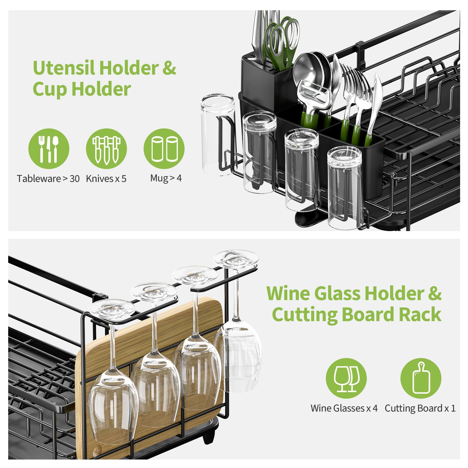 Urackify Expandable Dish Drying Rack for Kitchen Counter, Large Adjustable Dish Rack with Wine Glass and Cutlery Holder, Anti-Rust Dish Drainer with Swivel Drainage Spout