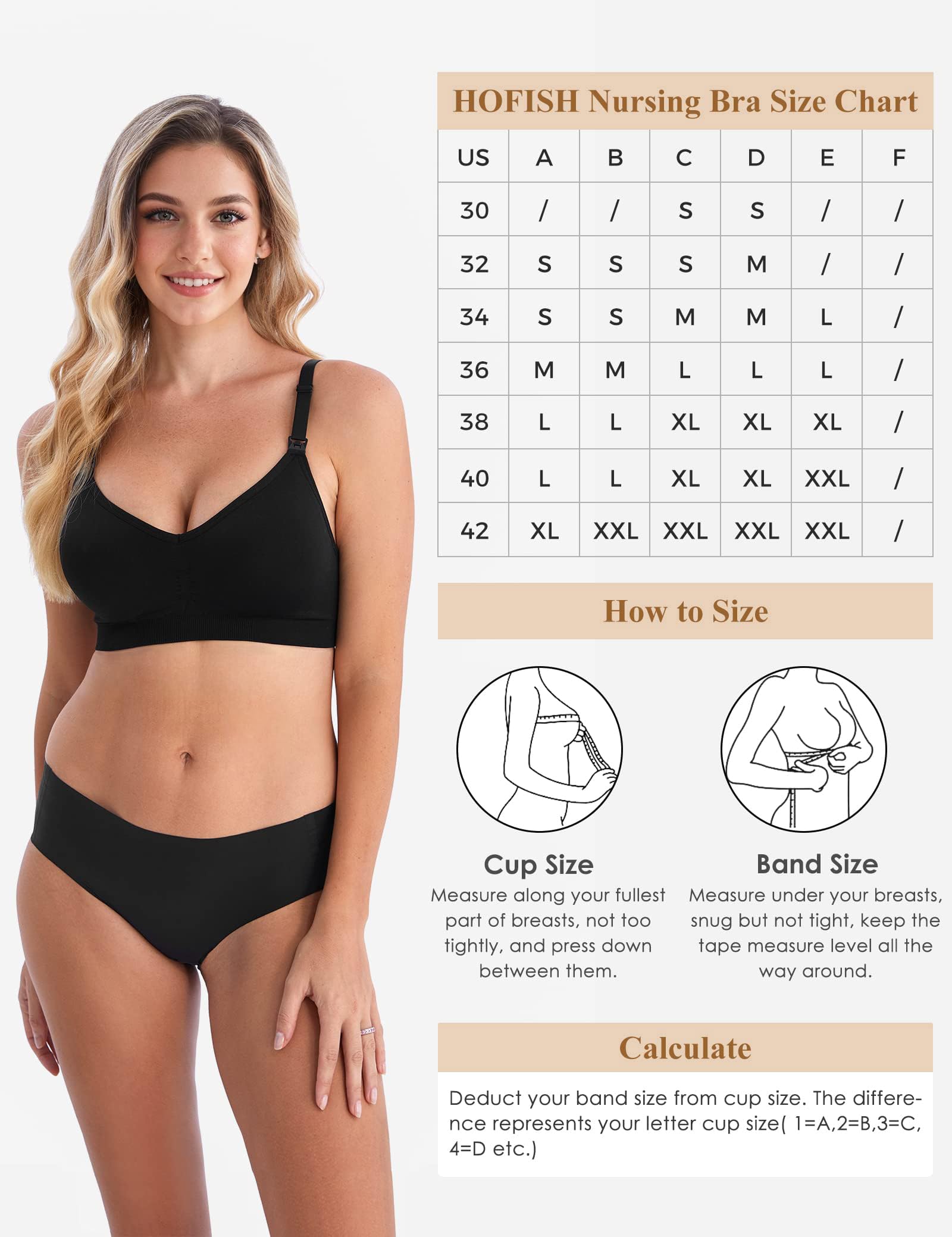 HOFISH 3-Pack Seamless Nursing Bras with Extenders & Clips, Push Up, Deep V Neck - Pink, Black, Beige, Large