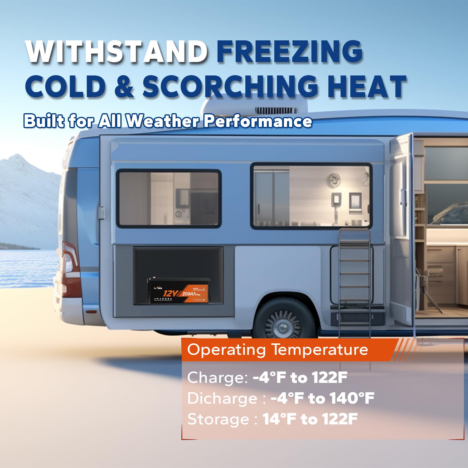 Litime 12V 200Ah Plus LiFePO4 Lithium Battery Self-Heating Low Temperature LiFePO4 Battery 2560Wh Usable Energy Built-in 200A BMS 4000-15000 Deep Cycles for RV Home Energy Storage and Off-Grid etc.