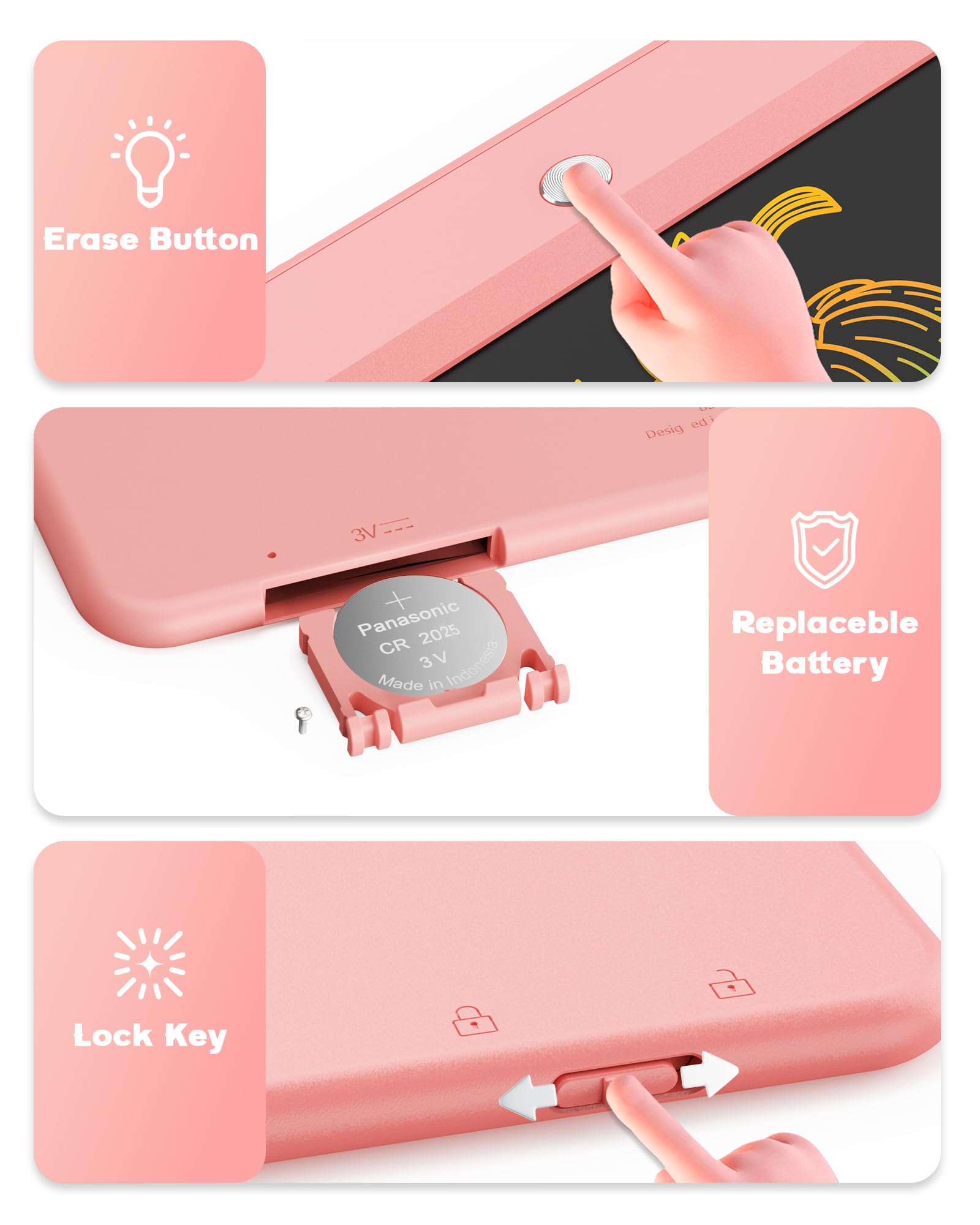 Bravokids 10 Inch LCD Writing Tablet for 3-8 Year Olds - Electronic Drawing Pad and Doodle Board as Educational Birthday Gifts for Girls and Boys (Pink)