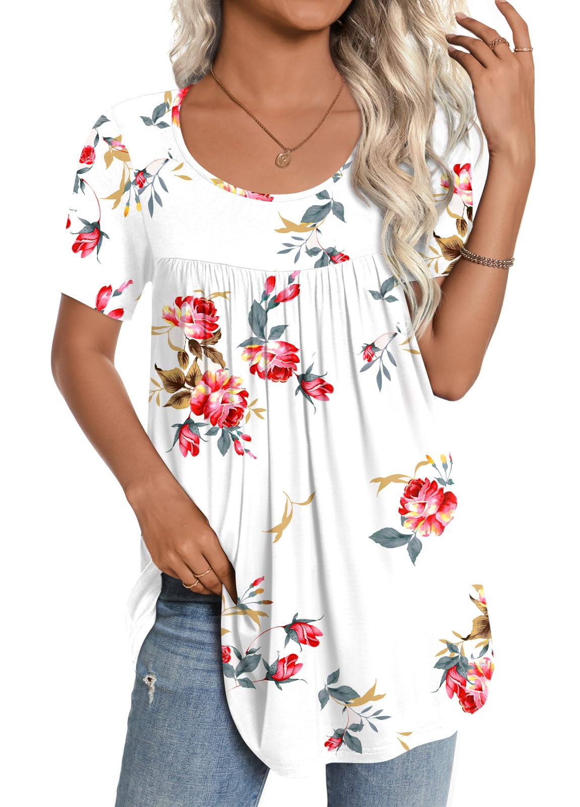CATHY Women's 2025 Summer Short Sleeve Tunic Tops Loose Fit Comfy Blouses Casual Shirts for Leggings M-4XL,3XL,Floral White