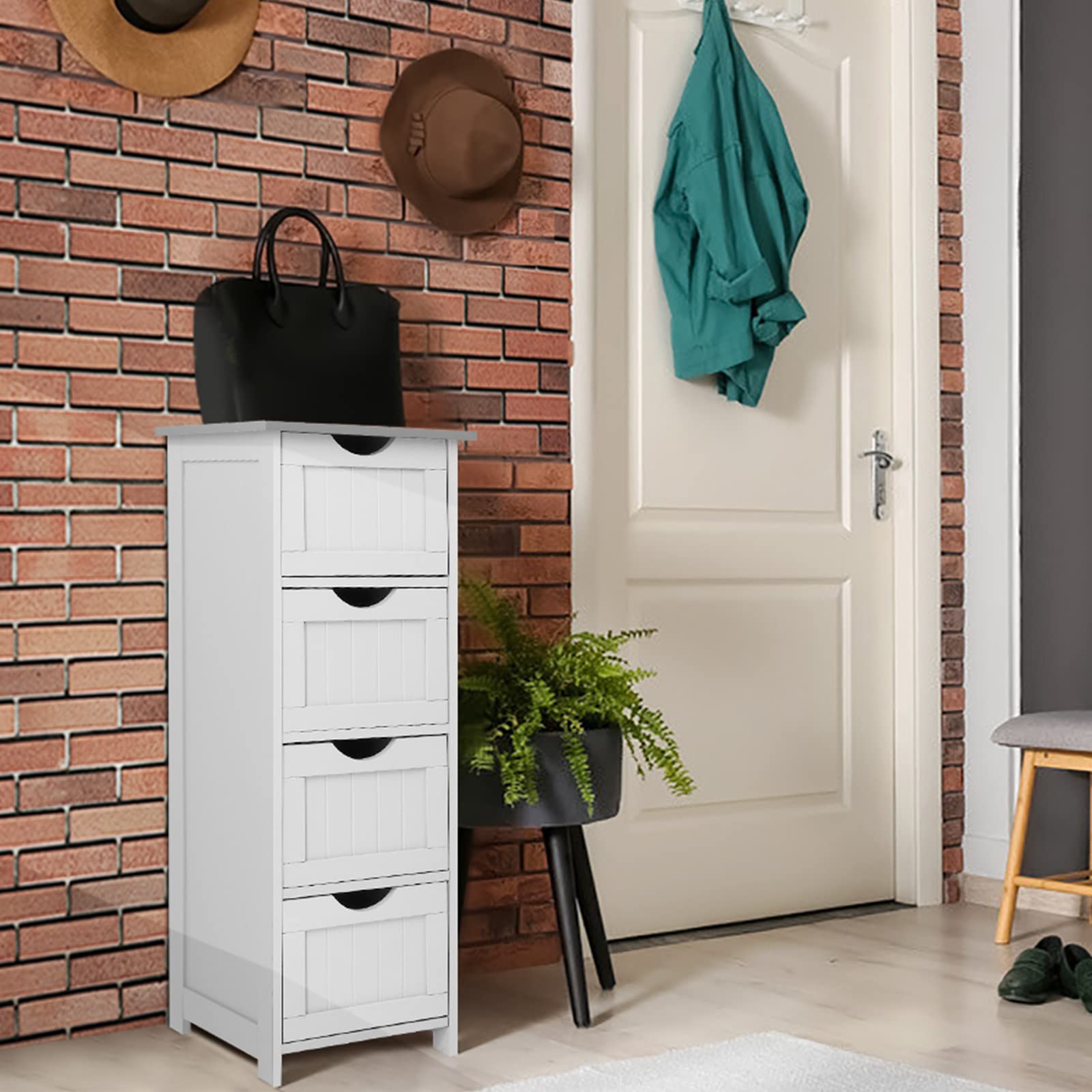 VINGLI White Bathroom Storage Cabinet with 4 Drawers Wooden Freestanding Slim Bathroom Floor Cabinet Small Side Organizer Storage Unit for Restroom Livng Room Kitchen Office Hallway Entryway