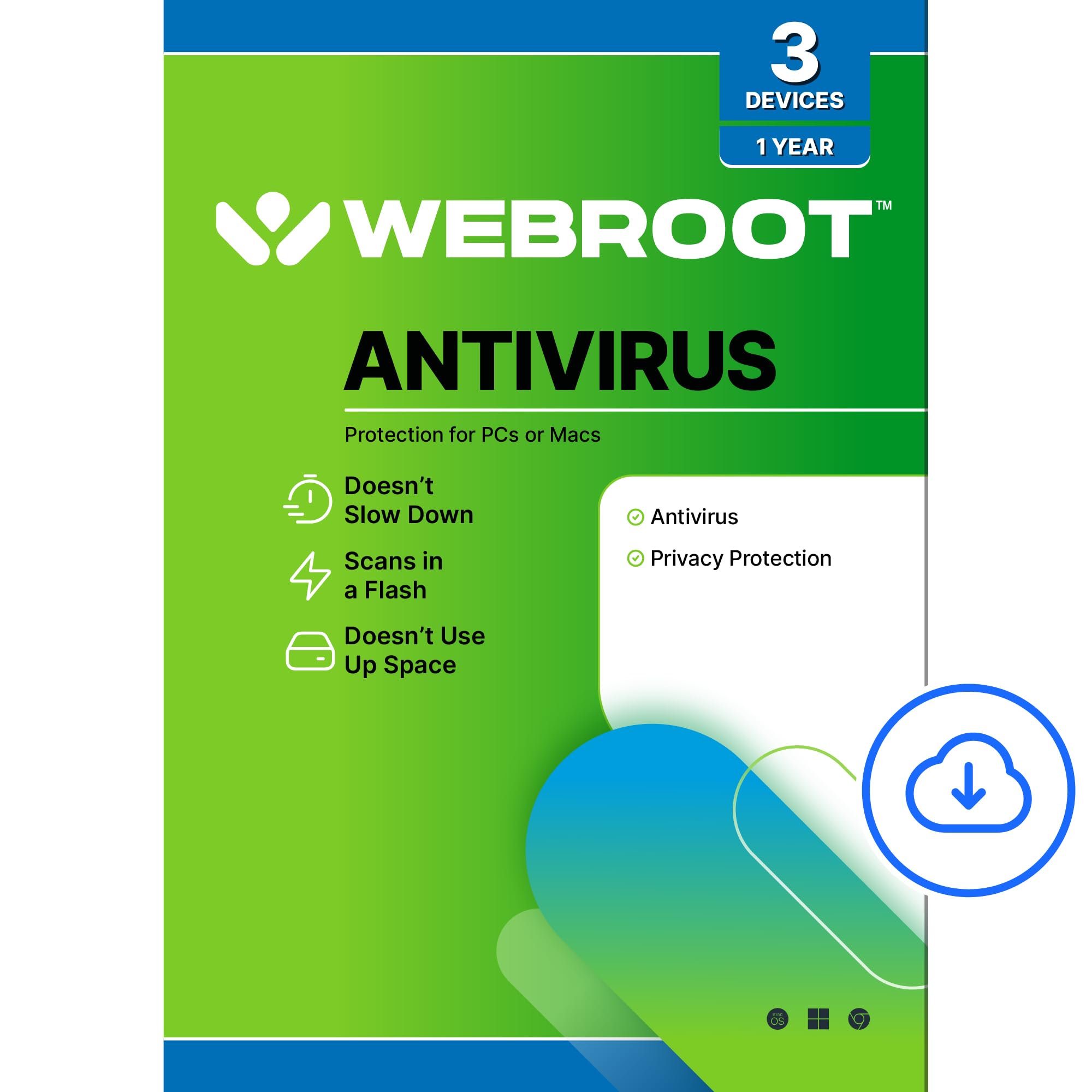 Webroot Antivirus Software 2025 | 3 Device | 1 Year Download for PC/Mac