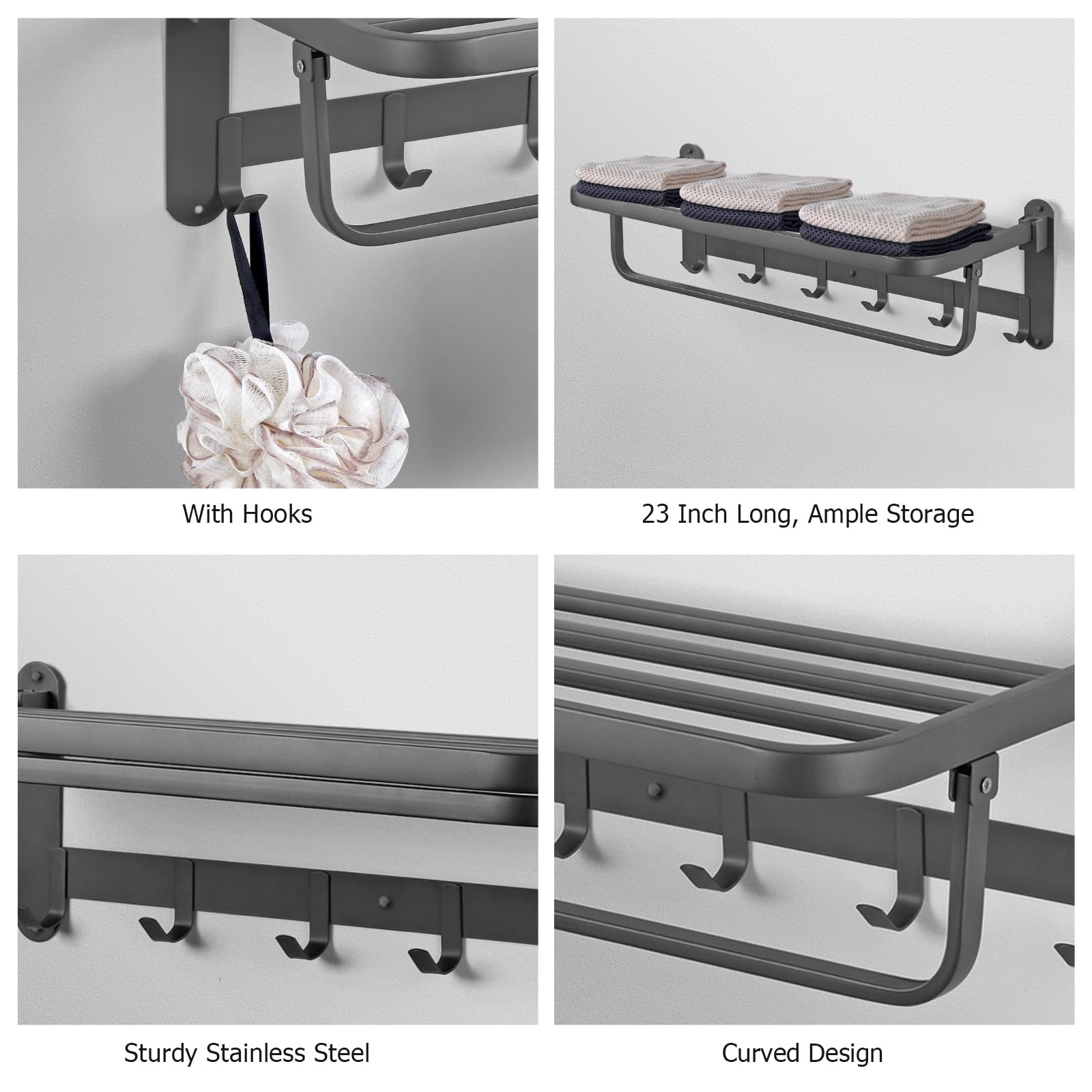 JiGiU Towel Rail 23.6 Inch Bathroom Towel Storage Wall Mounted with Towel Bar & 6 Hooks Foldable Towel Holder Stainless Steel Rustproof Towel Shelves for Home Bathroom Shower Kitchen