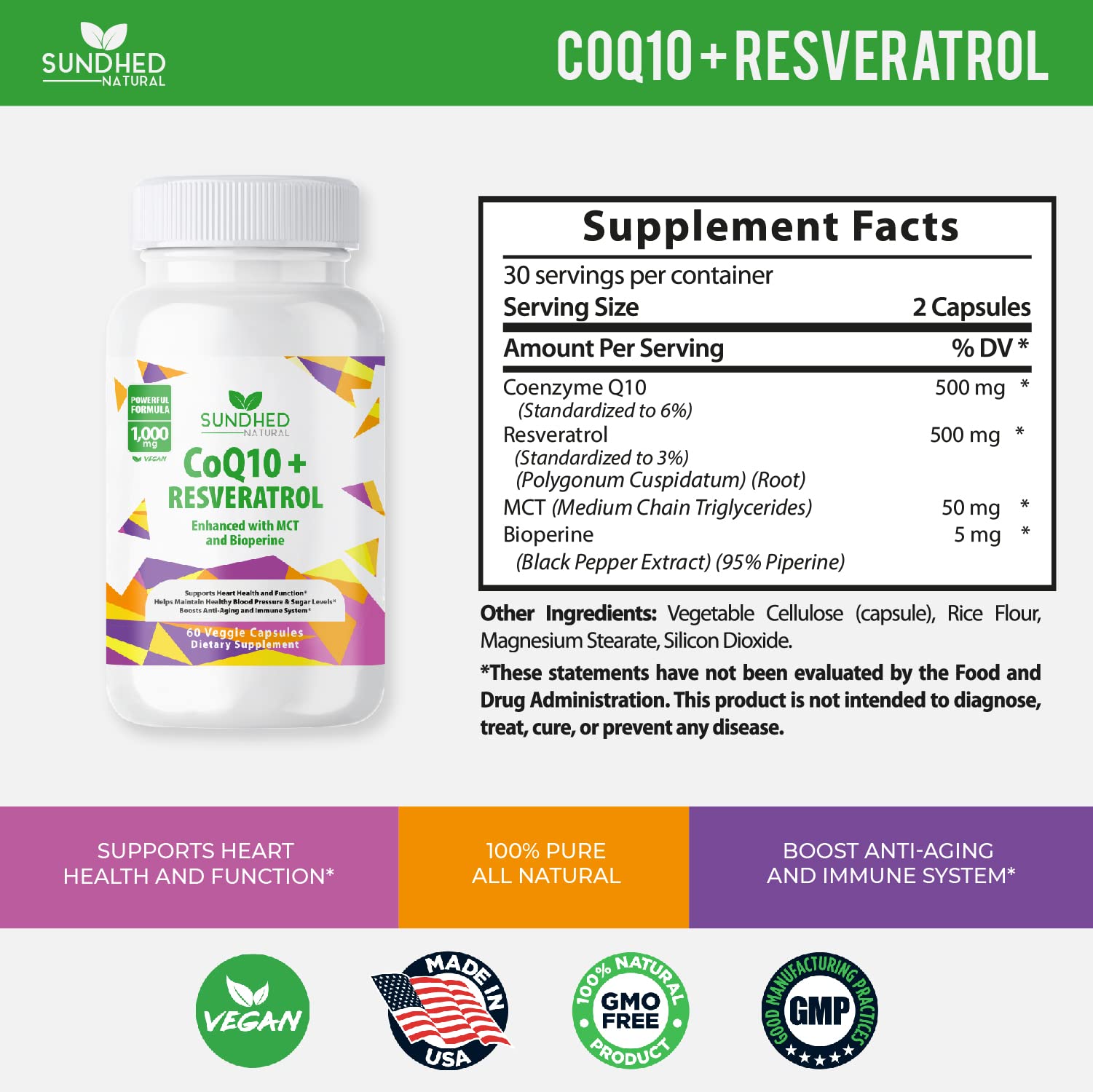 Sundhed Natural CoQ10 Powerful Antioxidant (Capsules Coq10+Resveratrol)