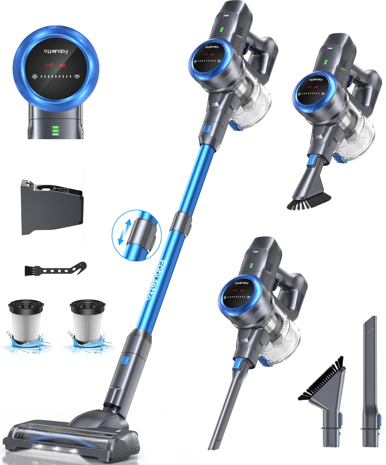 FABULETTA Cordless Vacuum Cleaner, Self-Standing Brushless Stick Vacuum for Home, 15-50Min Running Time, 5-Layer Filtration System, Anti-Tangle Brush, LED Display, Lightweight