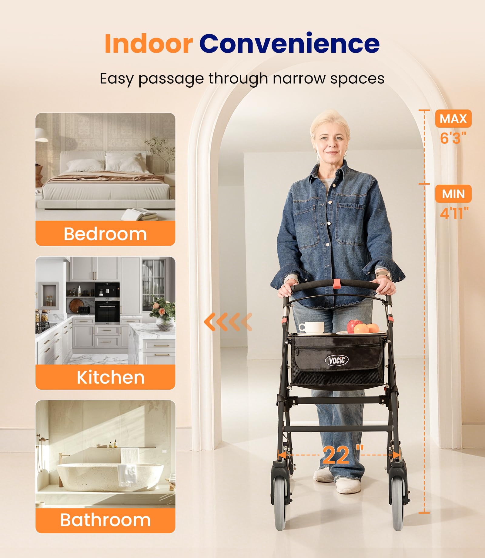 Narrow Rollator Walkers for Small Spaces, Indoor Rollator Foldable and Lightweight, Stable Home Rollator with Quiet Anti-Slip Tires, Rollators for Seniors Foldable with Tray