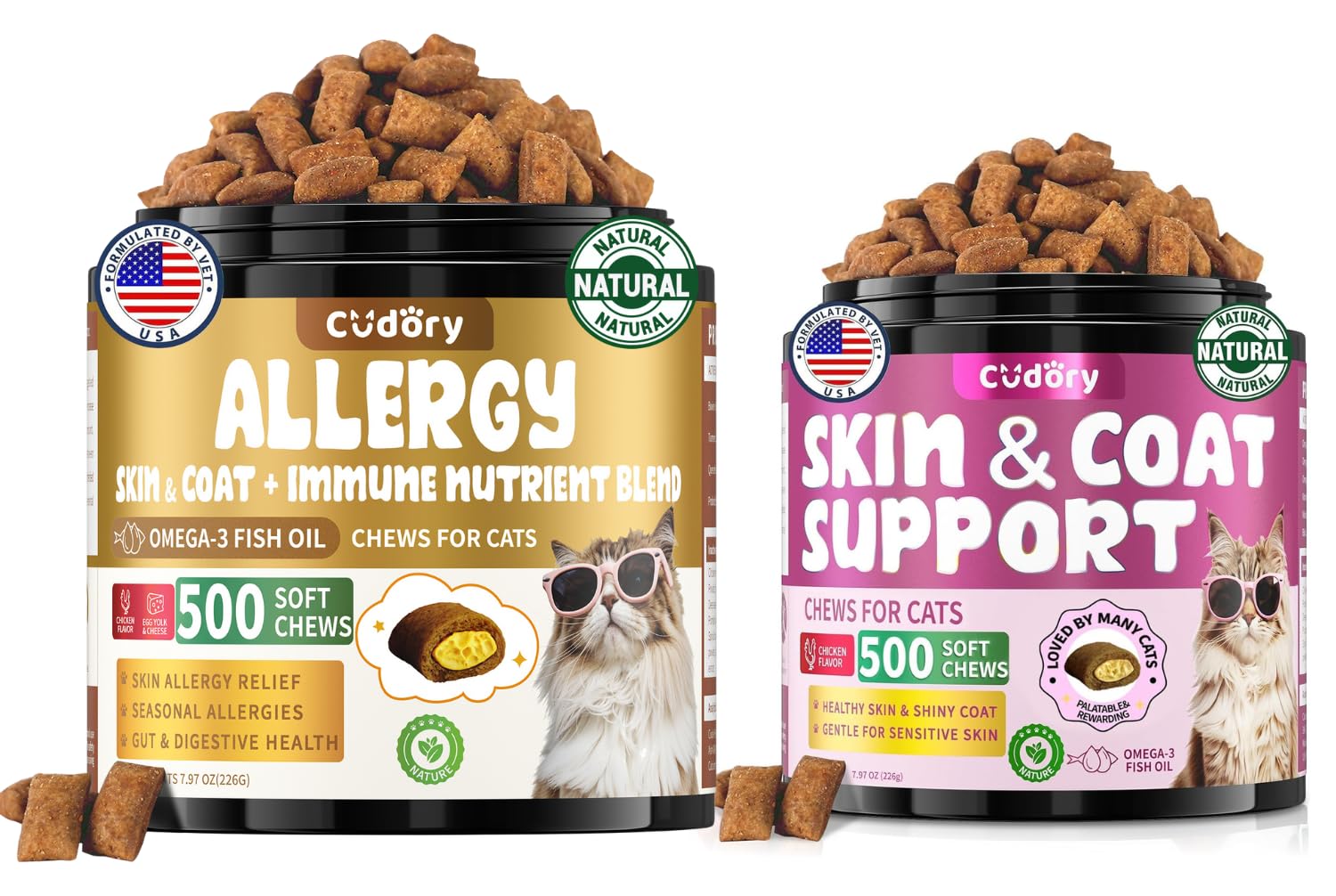 Chews for Cats Bundle-Cat Allergy Relief +Natural Skin and Coat Support for Cats for Digestive & Gut Support-Cat Supplements Omega 3 & Probiotic & Vitamins -Chicken