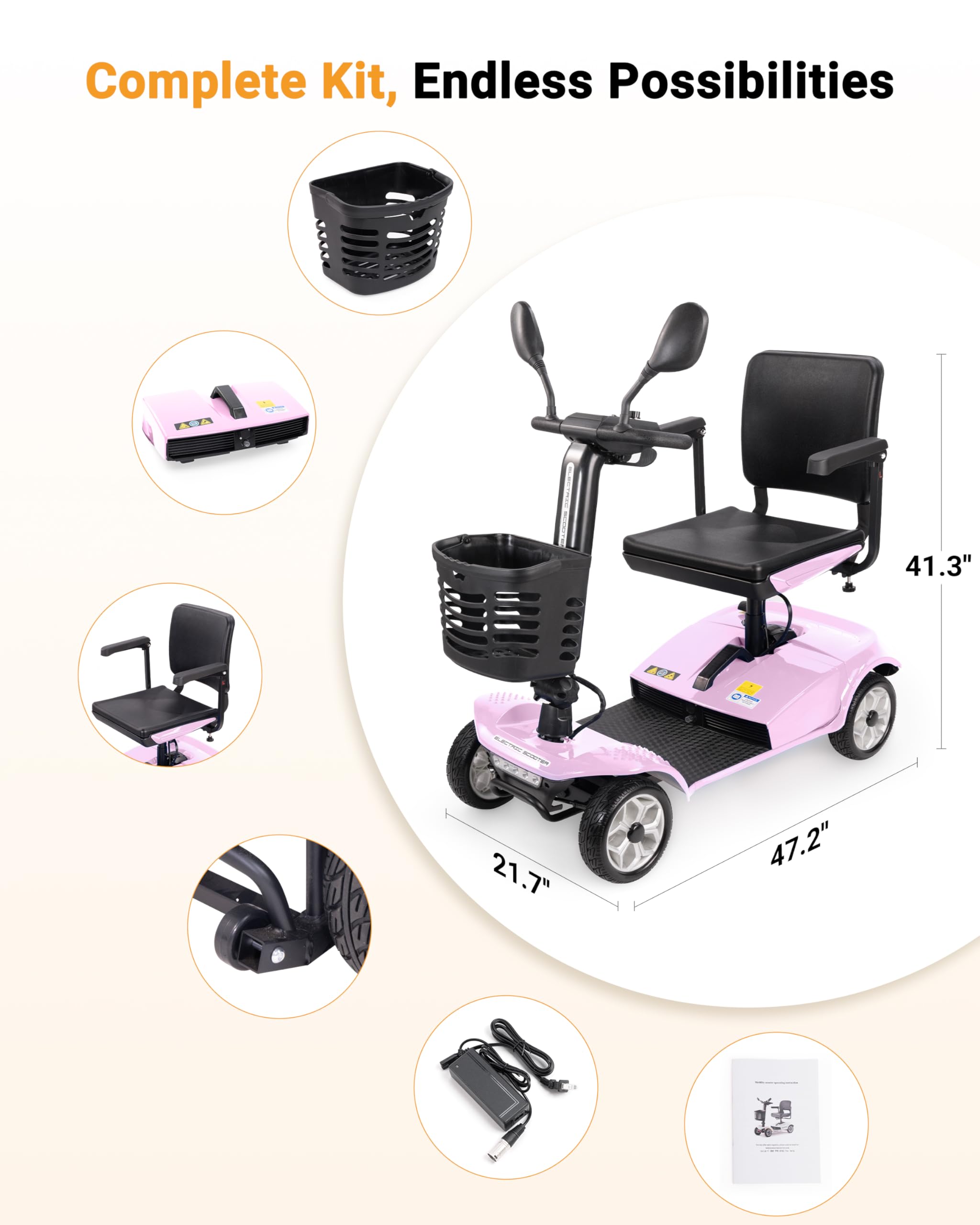 4 Wheel Mobility Scooter 400 LB Capacity, Heavy Duty Electric Scooter for Adults with Adjustable Seat & 27.6” Armrest Spacing, Powered Mobility scooters for Commuting Community & Outdoor Camping, Pink