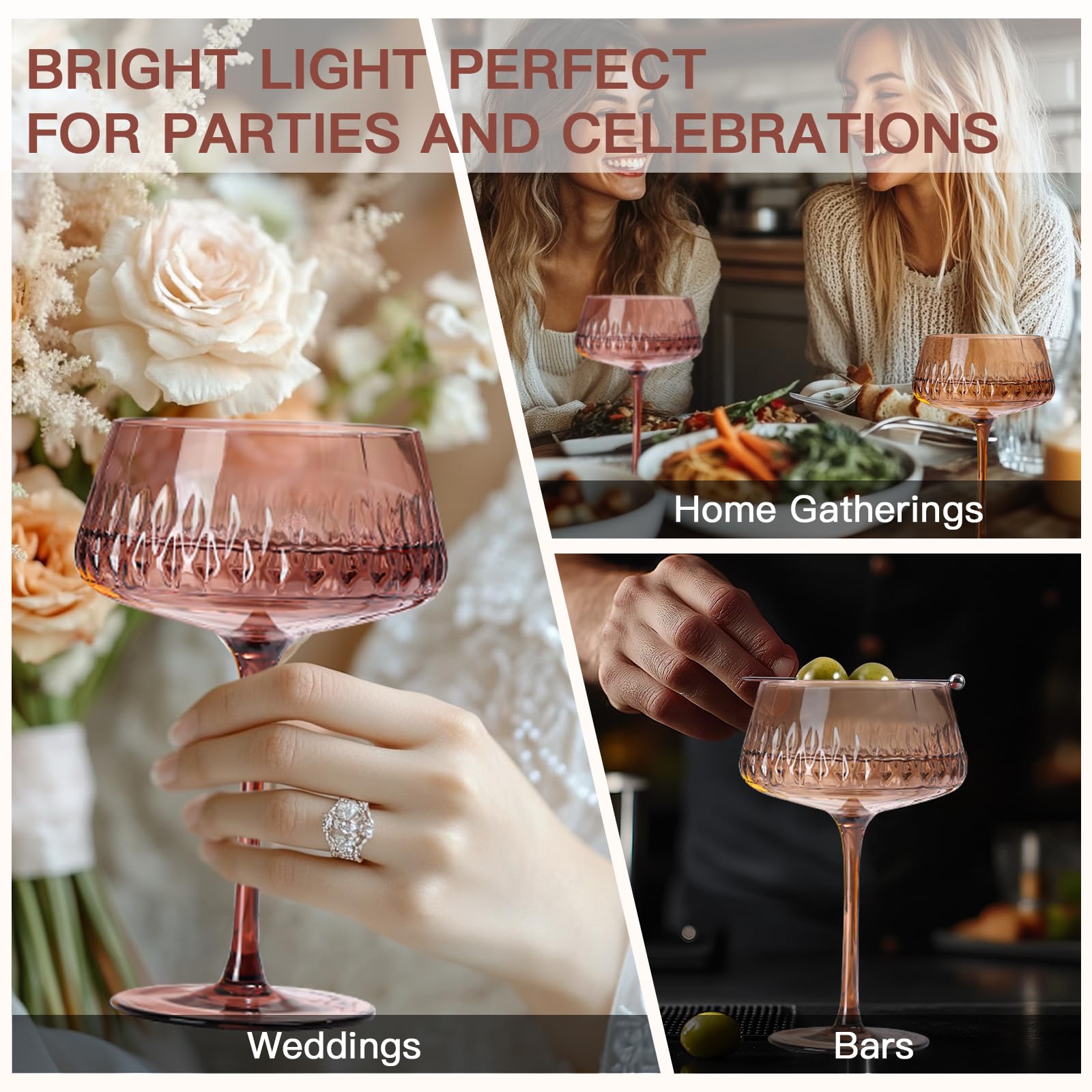 SIPBYSOP Venus Coupe Glasses Set of 6,14 oz Colored Martini Glasses Cocktail Glasses Champagne Glasses,Vintage Champagne Glasses,Valentine's Day Coupe Martini Cocktail Glasses for Party