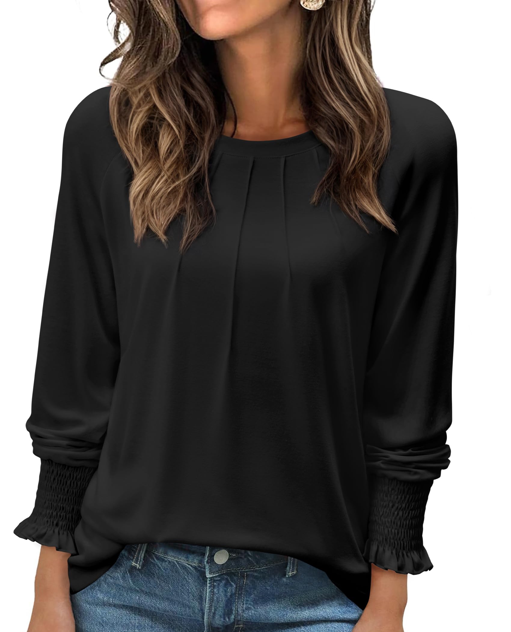 Uhiger Womens Long Sleeve Tops Casual 2025 Trendy Fall Tunic Tops to Wear with Leggings Pleated Front Black Blouse Business Casual Cute Tops for Women Office Clothes Puff Sleeve Tee to Hide Tummy M