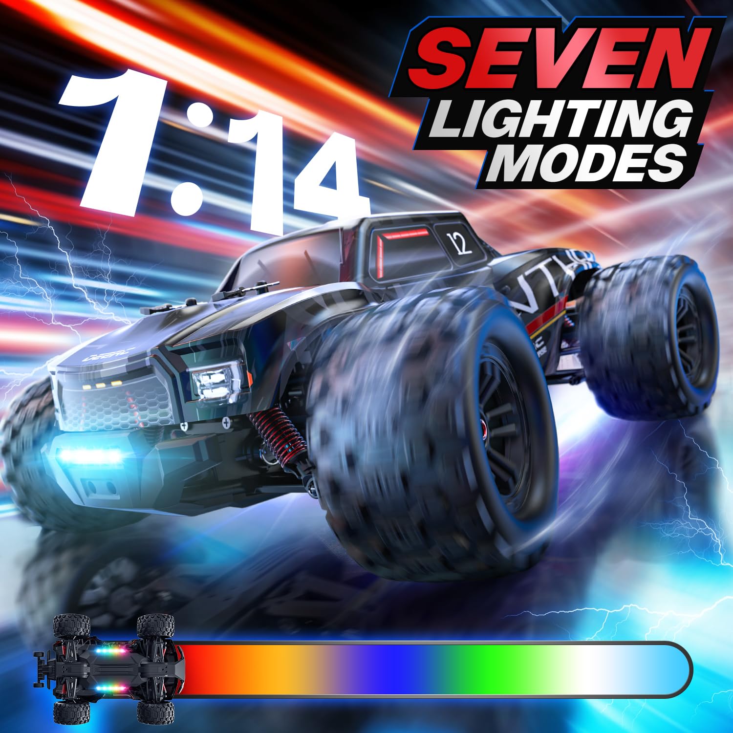 DEERC 1/14 Brushless Fast Extreme 70kph 4X4 Off-Road Truck, 7 Lighting Modes Remote Control with 2 Li-ion Batteries, Electric Large Truggy for Snow Sand