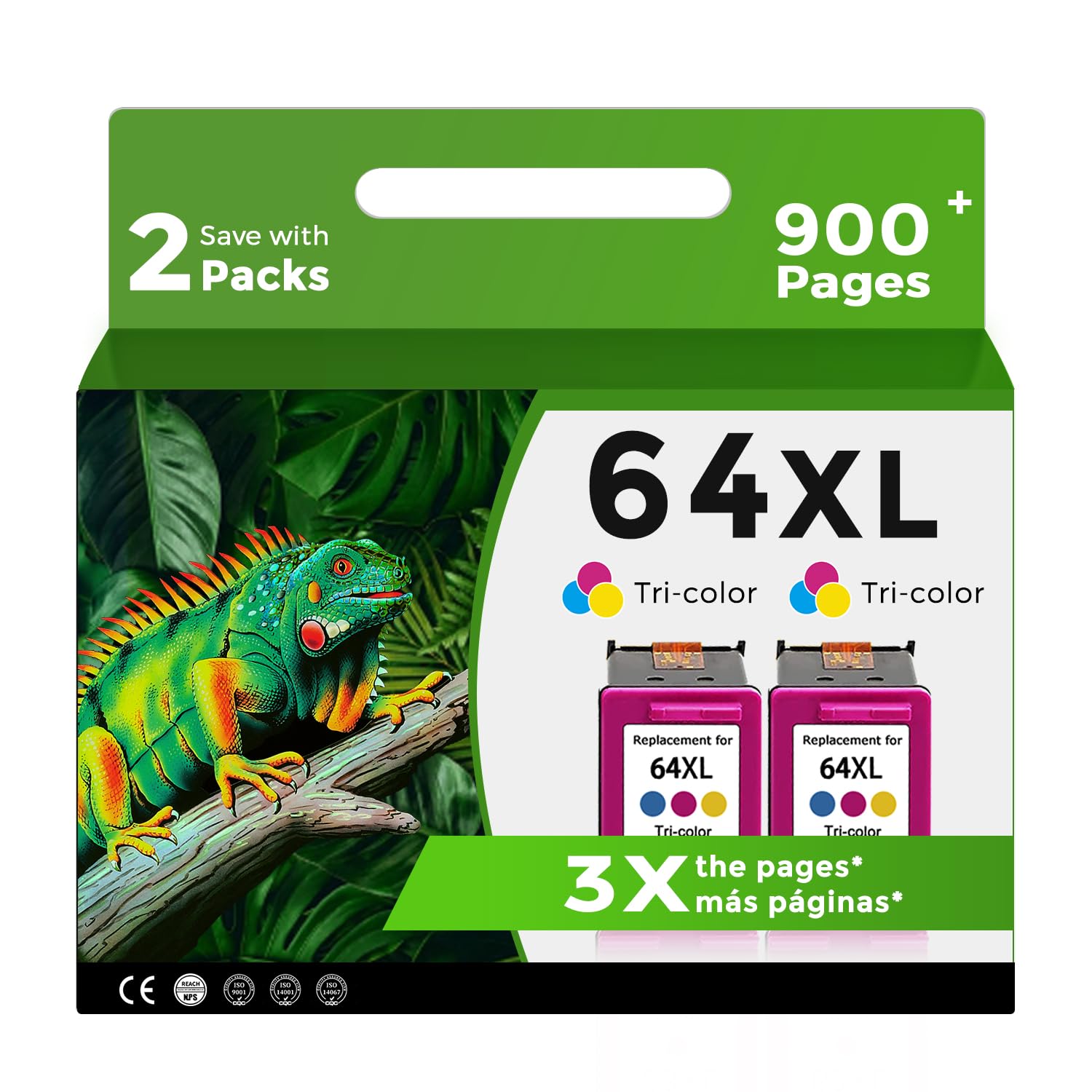 Relcolor Remanufactured Ink Cartridge Replacement for HP 64XL (Tri-Color 2-Pack) 64 XL HP64 HP64XL for 7858 7855 7800 7100 7120 7155 7158 7164 6255 6252 6232 Envy Inspire 7900e 7955e Tango X Printer