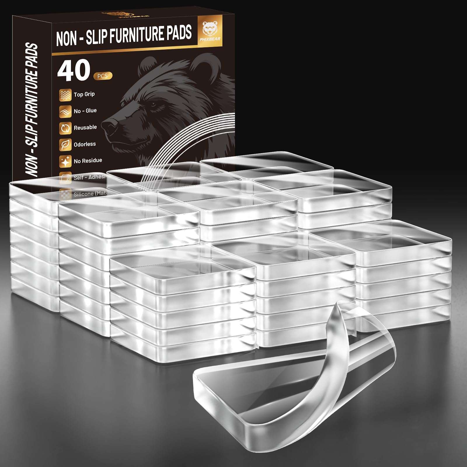 40 PCS Non Slip Furniture Pads, Phixbear Anti Vibration Pads, Reusable Multifunctional Self-Adhesive Silicone Pad, Shockproof and Silent, for Anti-Slip on Tables, Sofas, Beds, and Floor Protection