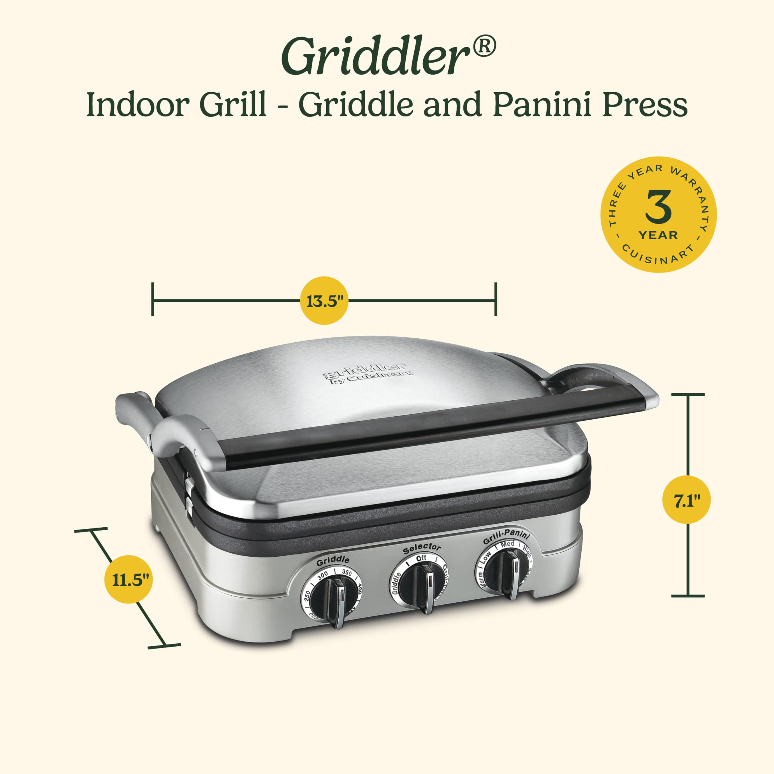 Cuisinart Griddler Indoor Grill, Panini Press, Sandwich Maker & More, 5-in-1 Grilling, Dishwasher-Safe Nonstick Cooking Plates, GR-4NNAS, Stainless Steel