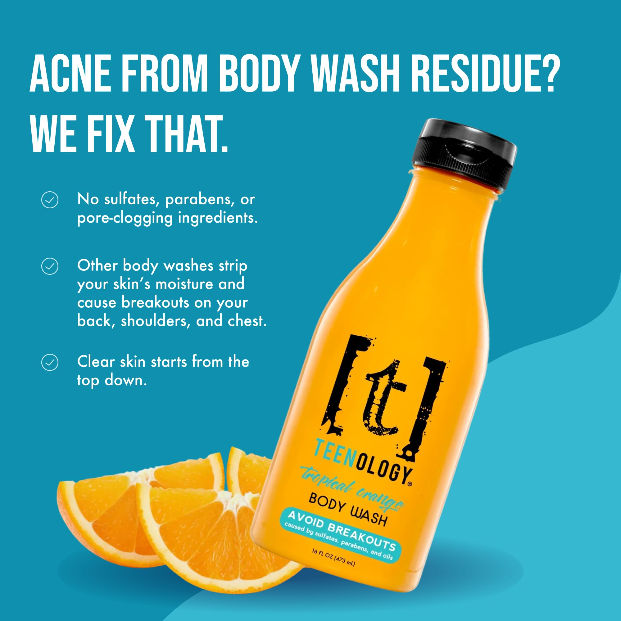 Teenology Body Wash for Teens - Avoid Body Acne and Breakouts - Sulfate and Paraben Free, Natural Botanical Extracts (Tropical Orange)