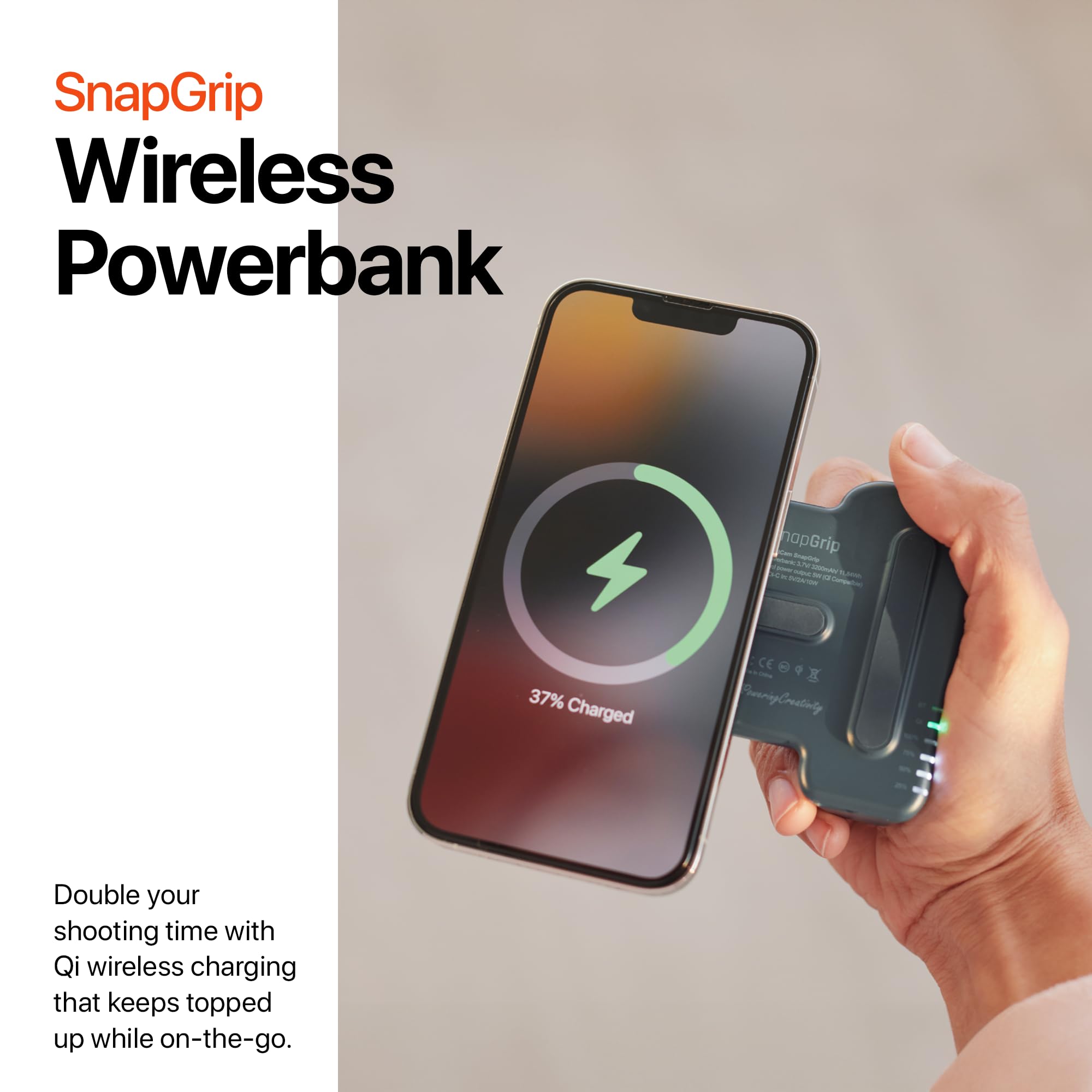 ShiftCam SnapGrip - Mobile Phone Camera Grip with Wireless Shutter Button - Magnetic Mount Snaps on to Any Phone - Built in Powerbank with Qi Wireless Charging - Tabletop Dock | Midnight