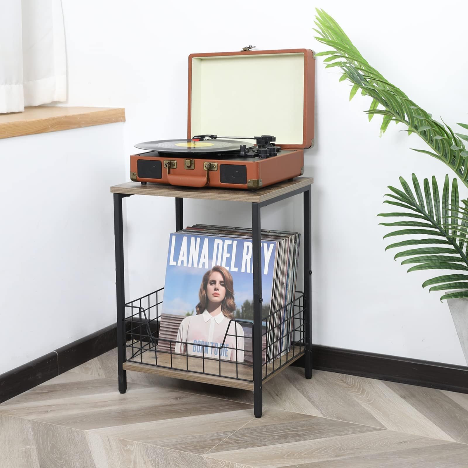 X-cosrack 2-Tier Record Player Table, Industrial Retro Side Table Nightstand Small for Living Room Bedroom Kitchen Office Small Spaces, Record Player Stand with Record Album Storage-Rustic Brown