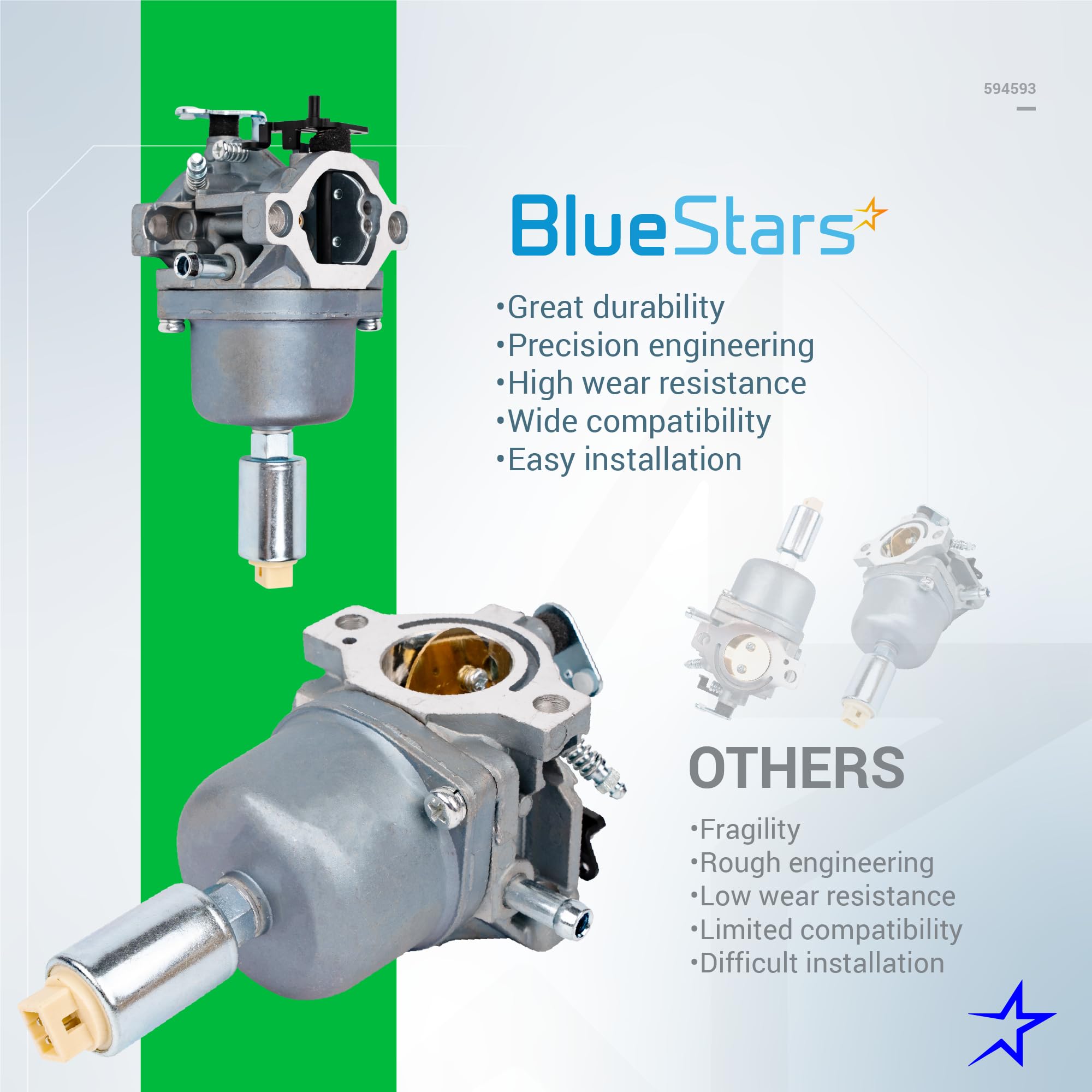 BlueStars 594593 Carburetor Kit - For John Deere LA105 D110 D105 LA115 D100 LA110 LA125 697203 JS40 L1742 1742HS S17 Lawn Tractor 17hp 19hp 21hp Nikki 697203 792036 792345 591731 796109 31H777 590400