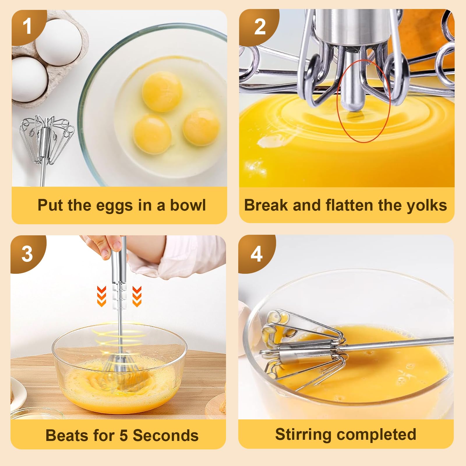 Upgraded Stainless Steel Semi-Automatic Whisk - Easy to Use Whizzy Whisk, Versatile Wisker Tool for Cooking, Kitchen Essential Egg Beater for Baking, Whisking, Beating & Stirring (10in)