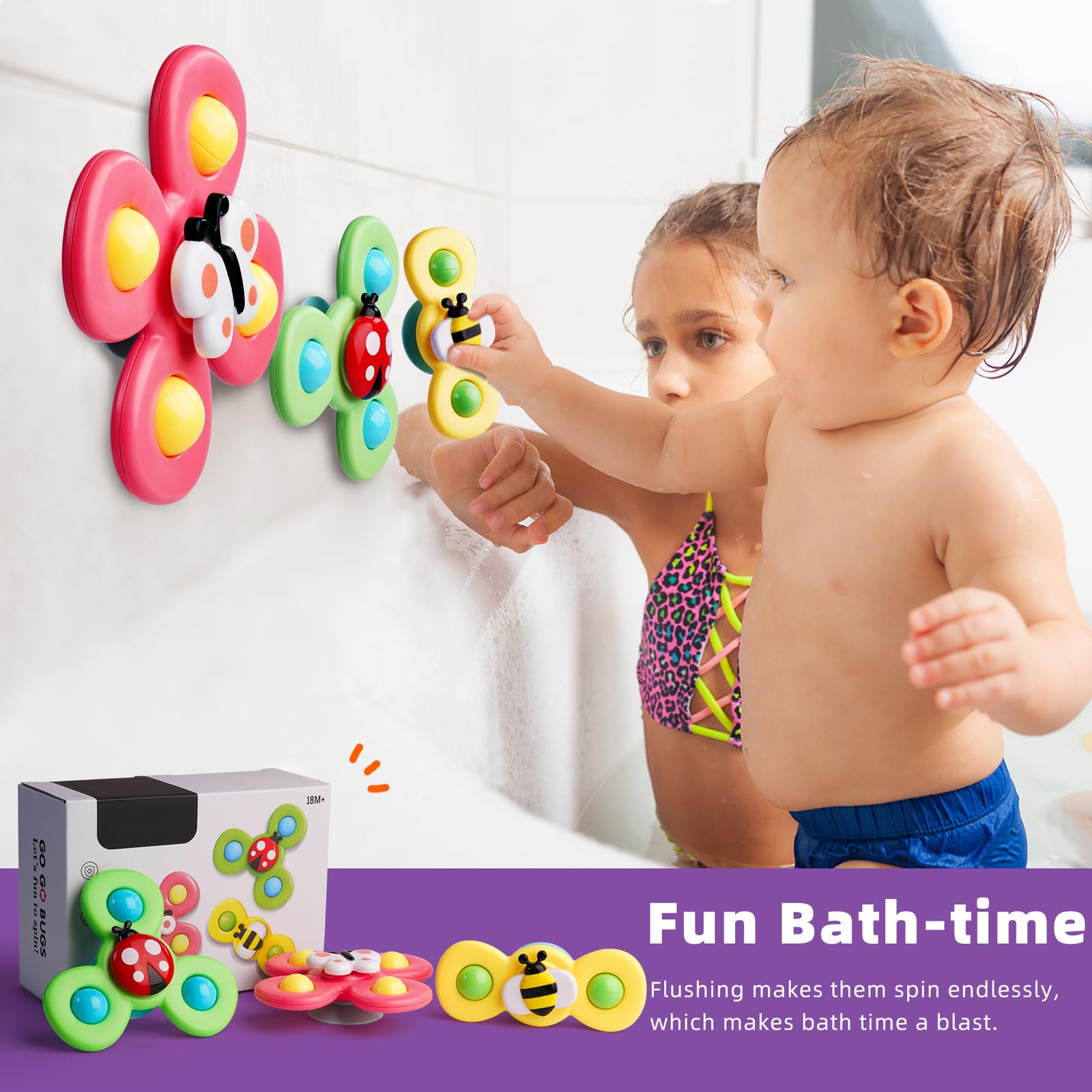 LiKee Strong Suction Cup Fidget Spinnerz Sensory Bath Toys for Baby 12 18 Months Airplane Car Travel Table & Window Toys for 1 2 Year Old Toddler Boys and Girls (Insect-1)
