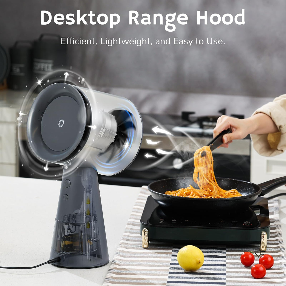 AIRTHEREAL RH180 Desktop Range Hood with 3 Speeds and Large Oil Collection Cup, Detachable Aluminum Carbon Filter, Low Noise Portable Kitchen Exhaust Fan for Cooking, Silver