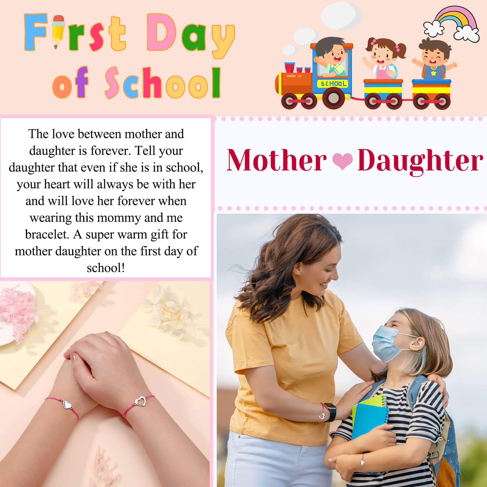 UNGENT THEM Back to School Bracelet Mommy and Me First Day of School Bracelet for Mom and Daughter Girls, Mother Daughter Matching Heart Bracelets, Back to School Gifts