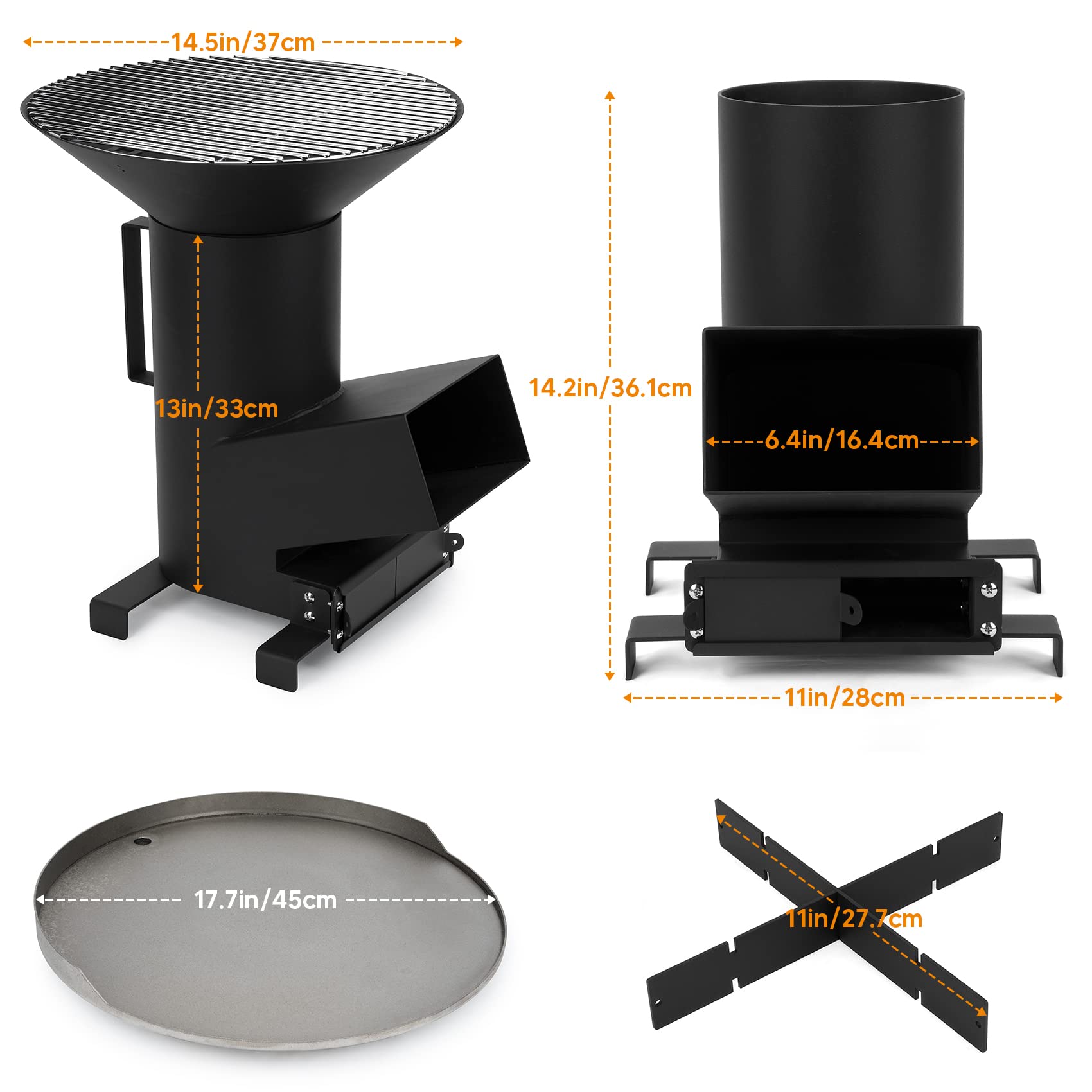 ONLYFIRE OUTDOOR LIVING 3-in-1 Camp Rocket Stove with 14.5" Cooking Grate, 18" Griddle and Cooktop, Portable Wood Burning Camping Stove for Patio Backyard RV Tailgating Trailer Tents Hiking, GS302