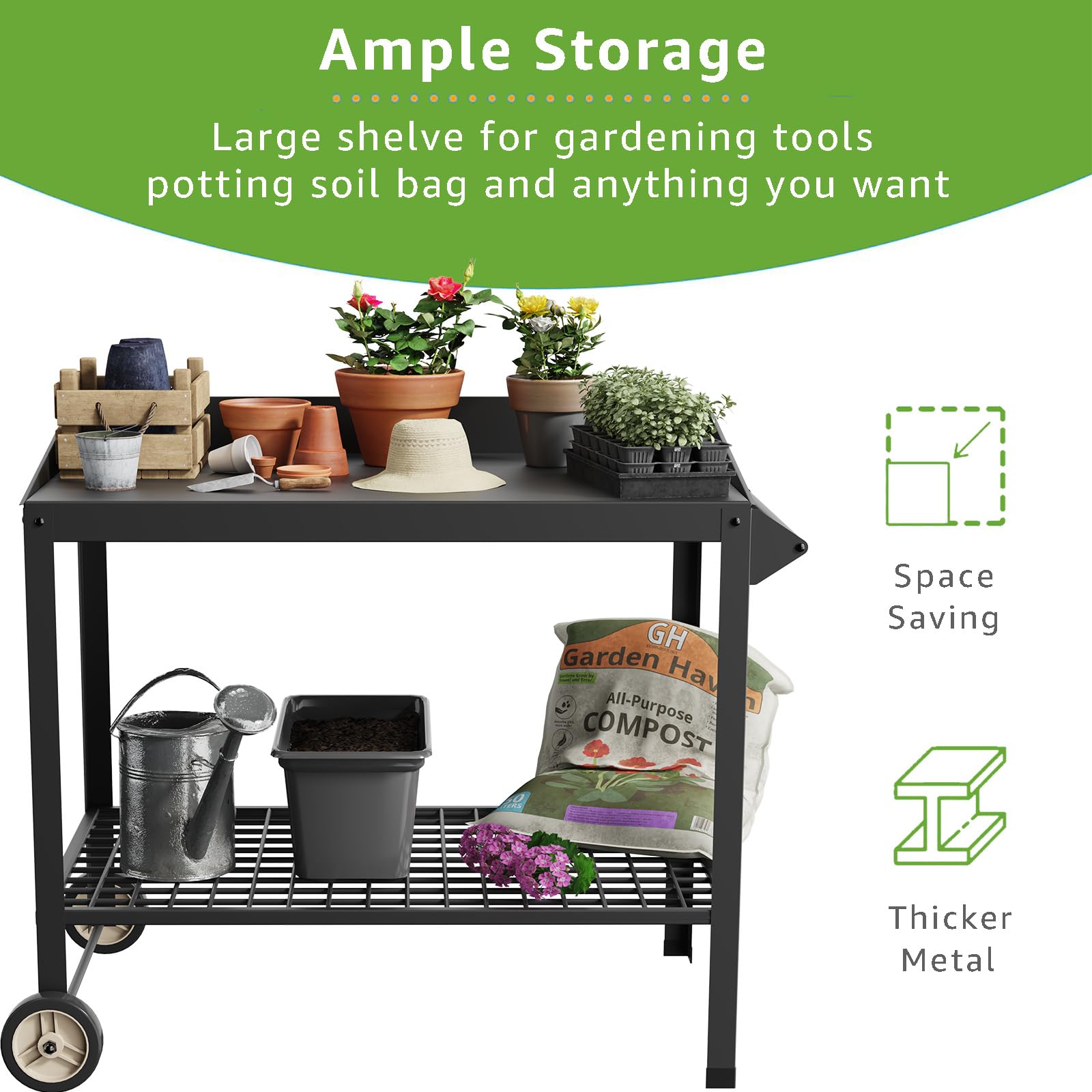 FOYUEE Metal Potting Bench with Wheels Planting Table for Outdoor Gardening Work Benches for Outside Potters Station Weatherproof