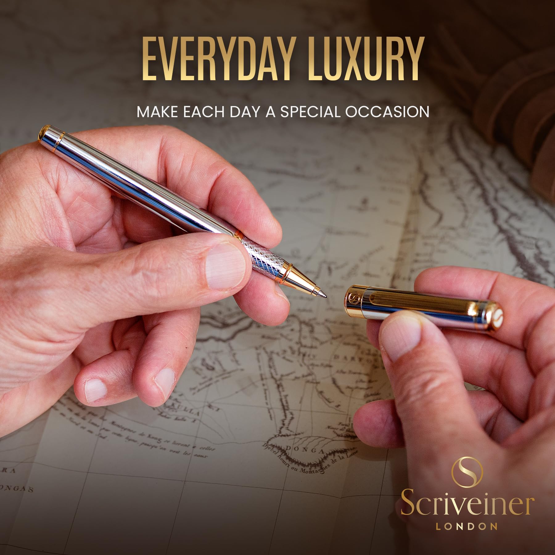 Scriveiner Silver Chrome Rollerball Pen - Stunning Luxury Pen with 24K Gold Finish, Schmidt Ink Refill, Best Roller Ball Pen Gift Set for Men & Women, Professional, Executive Office, Nice, Fancy Pens