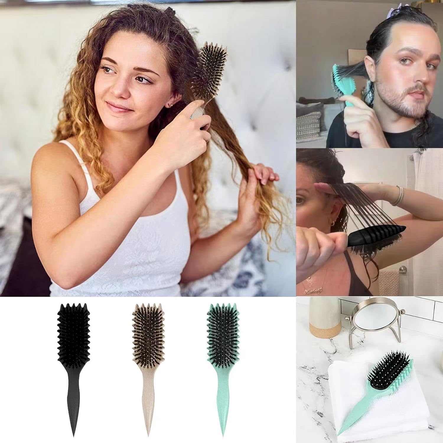 Curl Defining Brush, 2024 Newest Boar Bristle Hair Brush Styling Brush, Curly Hair Brush, Curl Define Styling Brush, Shaping & Defining Curls for Women (Green 1PCS)