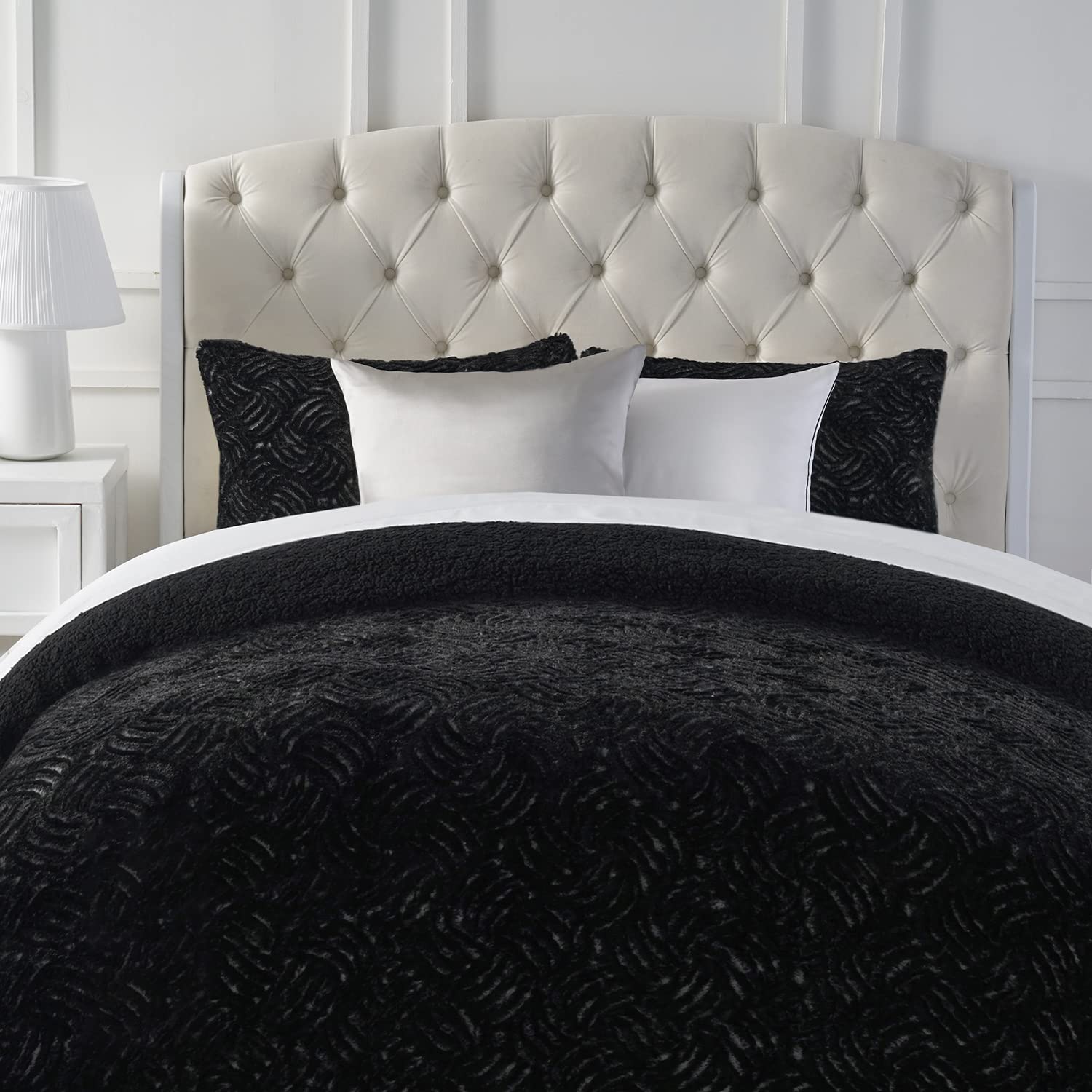 Mellanni Fluffy Duvet Cover Set - Cozy Faux Fur Bedding - Warm and Fuzzy Bed Set for Winter - Ultra-Soft Duvet for Cold Nights (King, Black)