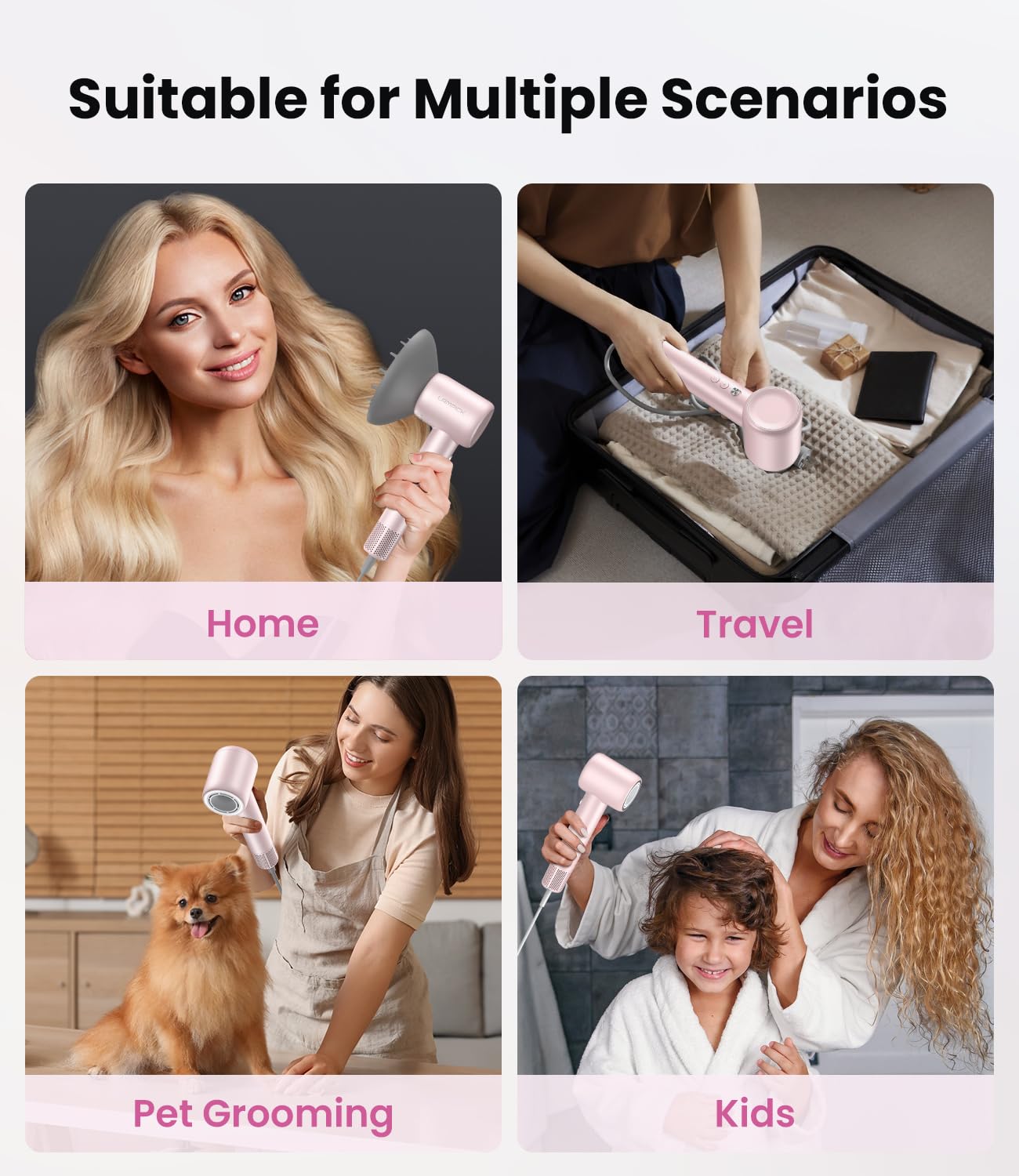 Hair Dryer,150000 RPM Blow Dryer with 500M Negative Ions, Lightweight Ionic Travel Hair Dryer with Magnetic Diffuser & Nozzle for Fast Drying, Low Noise Brushless Motor for Salon & Home Use,Pink