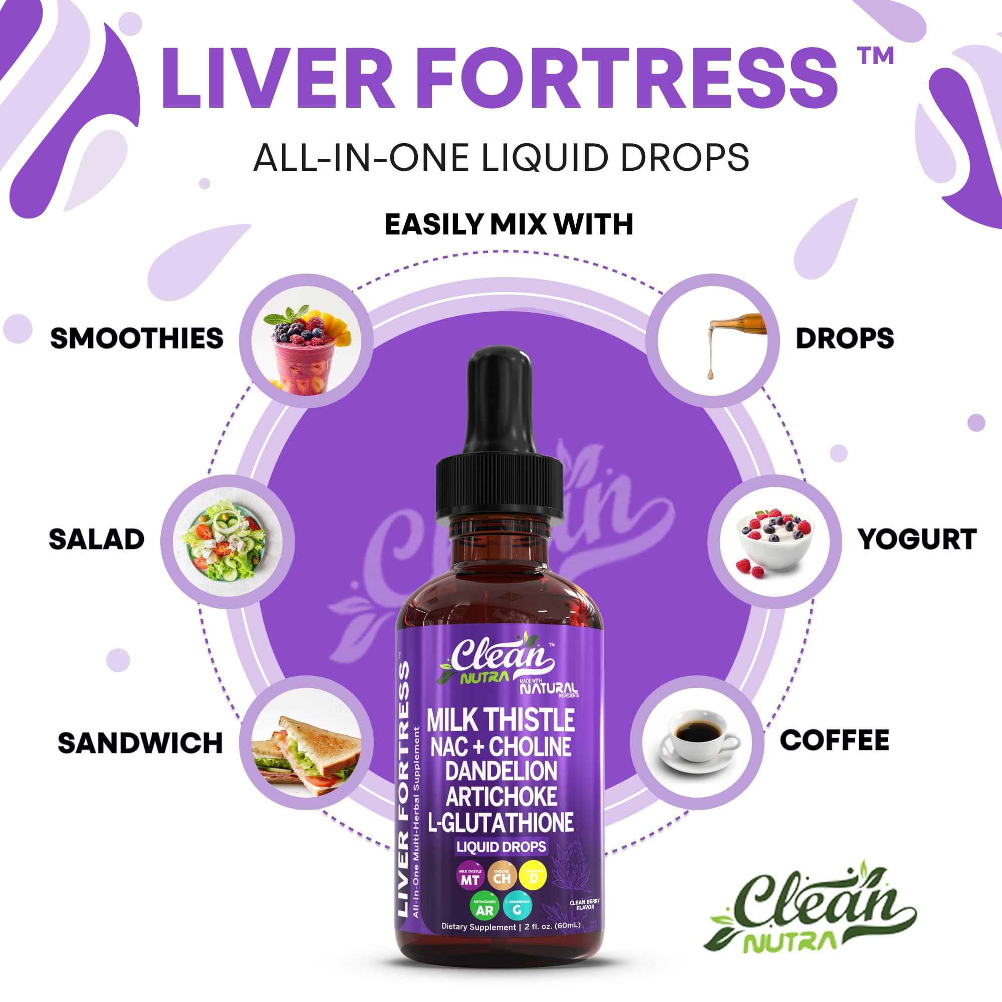 Clean Nutraceuticals Milk Thistle NAC Liver Cleanse Detox & Repair Supplement Liver Support Liquid Drops with Dandelion Extract, Artichoke, Chanca Piedra, Choline, L-Glutathione, Burdock, Schisandra