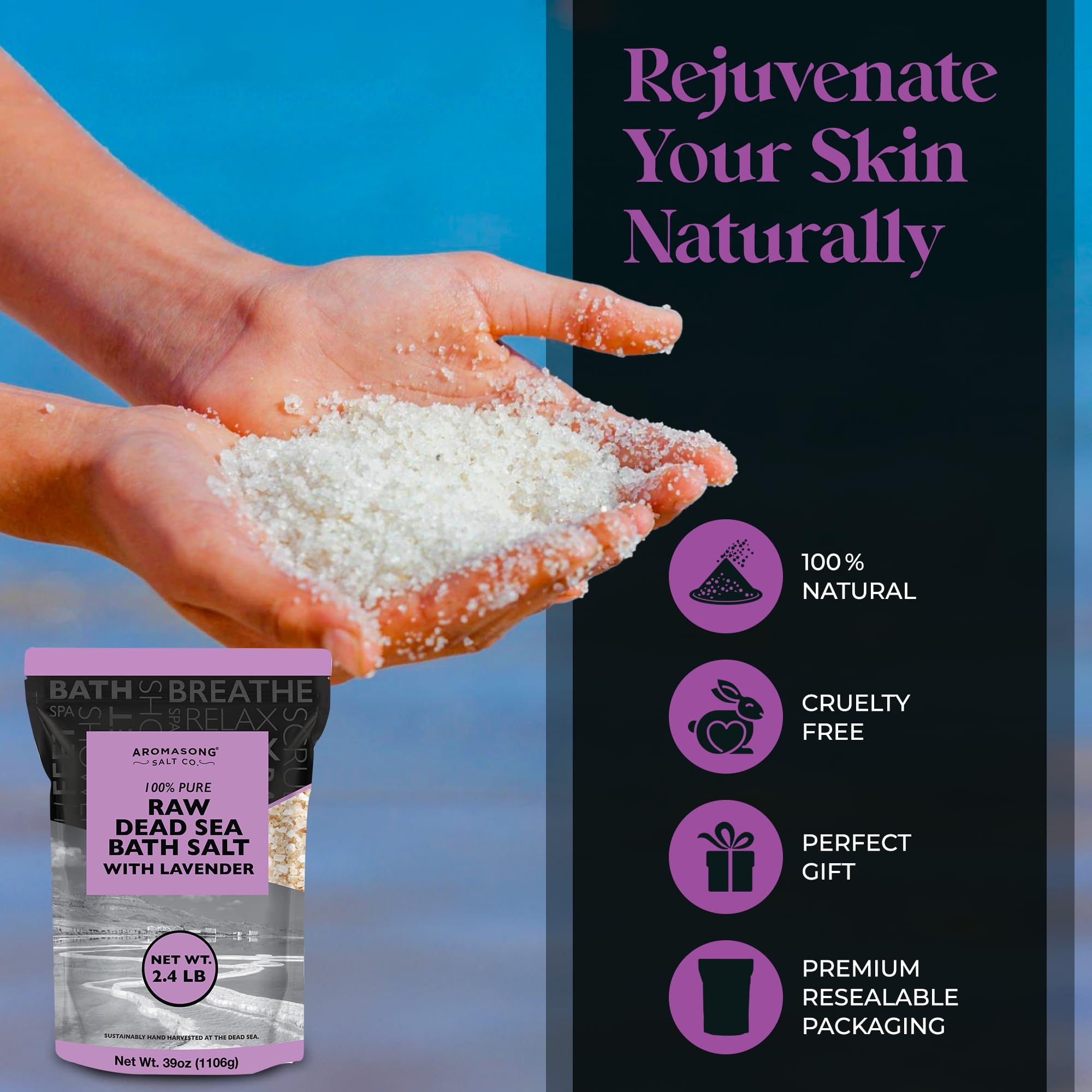 Aromasong Pure Raw Dead Sea Salt for Soaking with 100% Natural Lavender, 2.43 LB - Spa Bath Salt Fine Grain - Body Wash Scrub - Soak for Women & Men- Bulk Resealable Pack