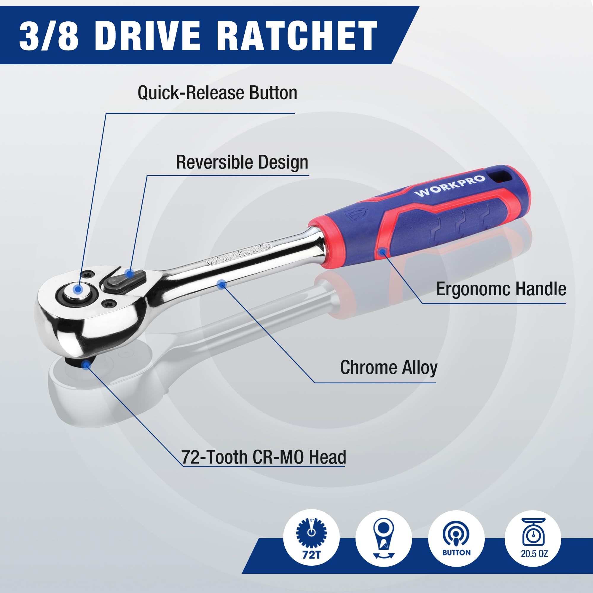 WORKPRO 32-Piece 3/8-inch Drive Metric Sockets and Ratchet-Including 30 Metric Deep and Shallow Sockets, 6-20mm with Magnetic Organizer and 72-Tooth Quick Release Reversible Ratchet for Auto Repair