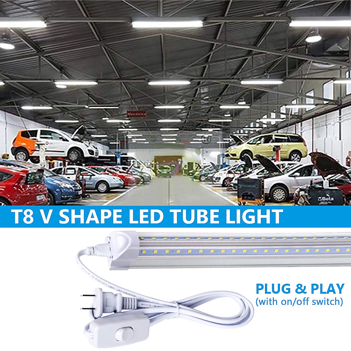 douyidou (12-Pack) 8ft LED Shop Light Fixture, 100W 15000LM 6000K, Cold White, V Shape, Clear Cover, Hight Output, Linkable Shop Lights, T8 LED Tube Lights for Garage 8 Foot with Plug