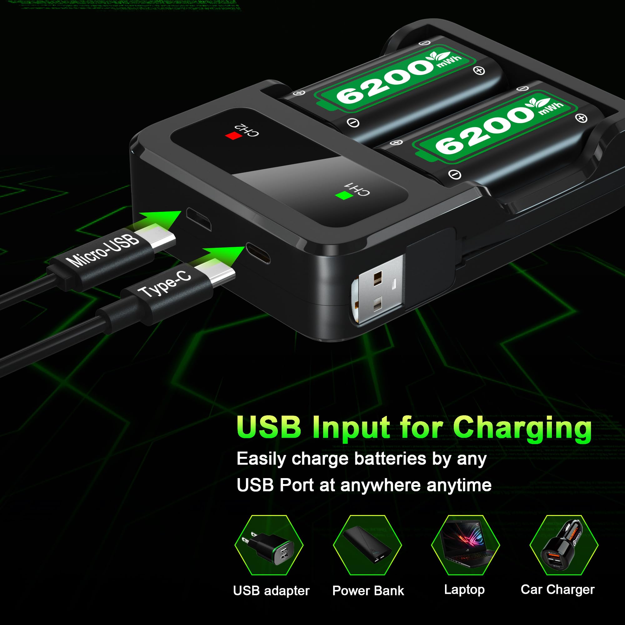 Ponkor Rechargeable Battery Packs for Xbox Series X|S/Xbox One, 2 x 6200 mWh Batteries with High-Speed Charging Station for Xbox One S/Xbox One X/Xbox One Elite Controller Battery Pack