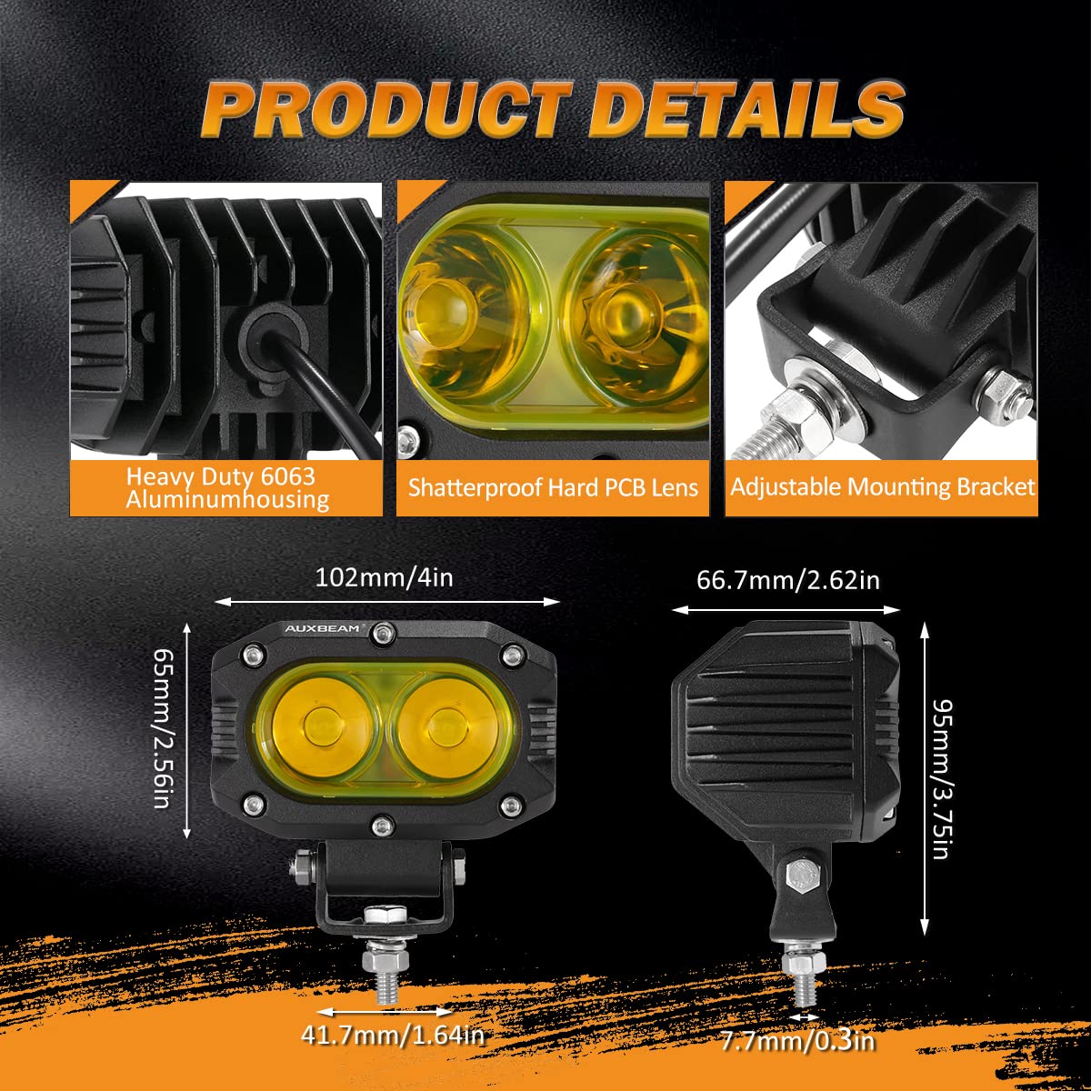 Auxbeam 4 Inch LED Amber Pod Light, 60W Driving Yellow Flood Beam Square Pod Fog Lights with DT Wiring Harness for Motorbike SUV ATV Truck Jeep Boat Tractor Forklift (2 Pcs)