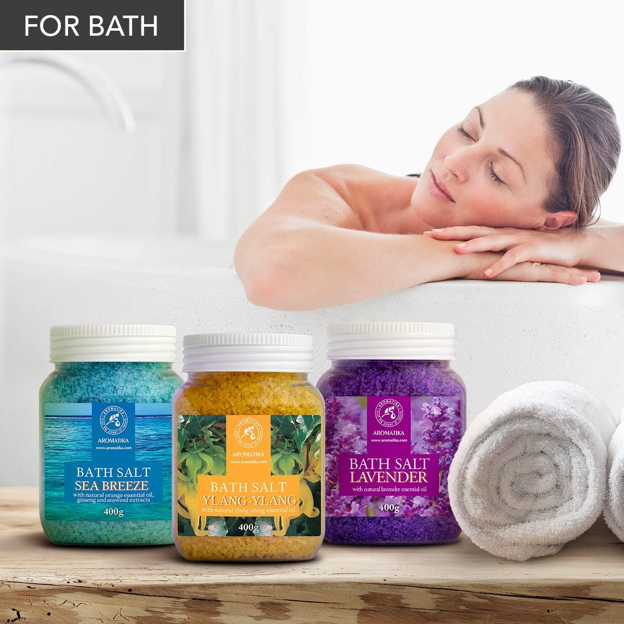 Bath Salts Set 42 Oz - Lavender - Sea Breeze - Ylang-Ylang - 100% Natural Essential Oil - Bathing - Body Care - Beauty - Relaxation - Spa