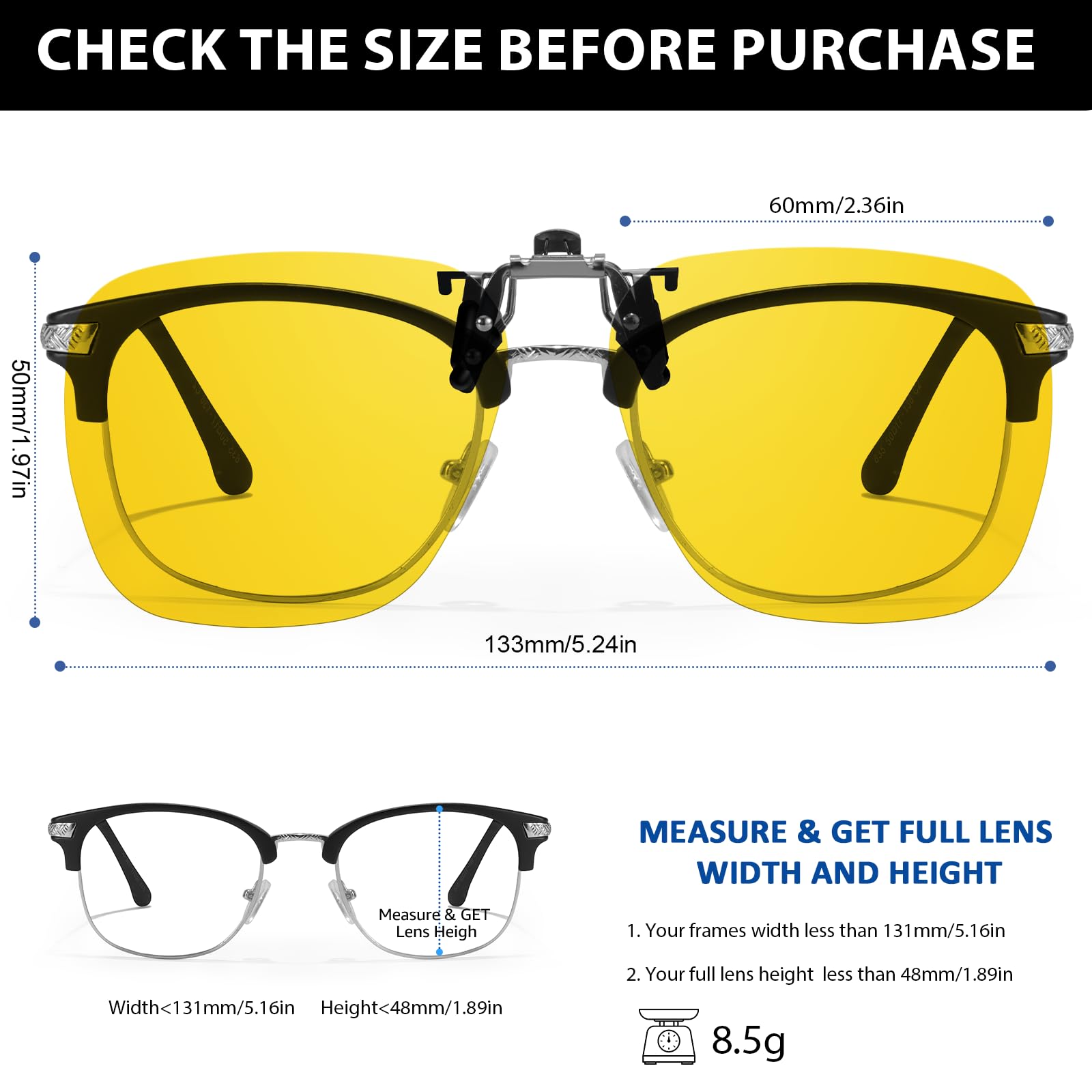 TJUTR Night Driving Clip On Glasses, Polarized Anti Glare Night Vision Glasses to Wear Over Prescription Glasses