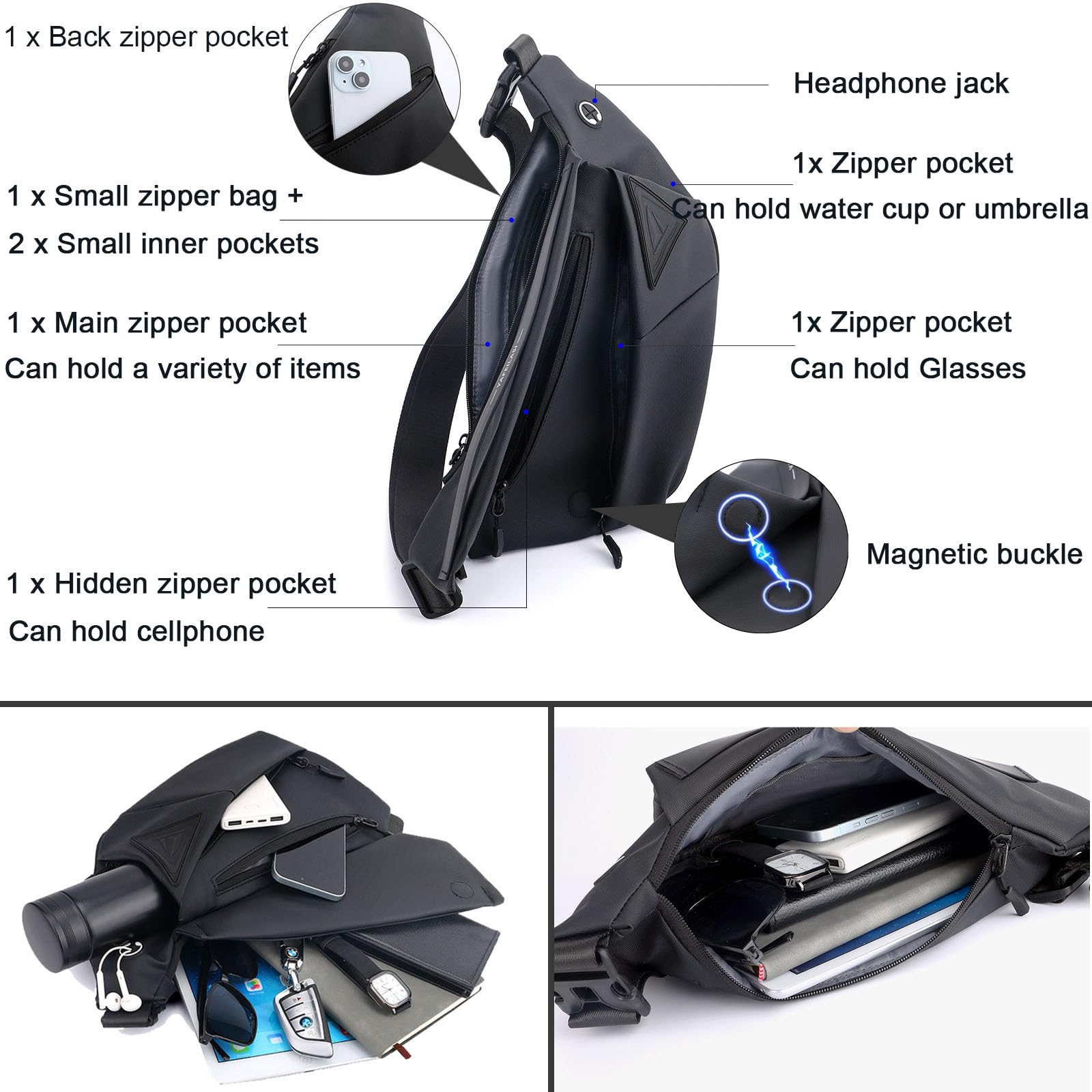 Slim Sling Bag, Anti-Theft Crossbody Chest Shoulder Backpack Water Resistant Personal Pocket Bag for Hiking Travel (Black- Left Hand)