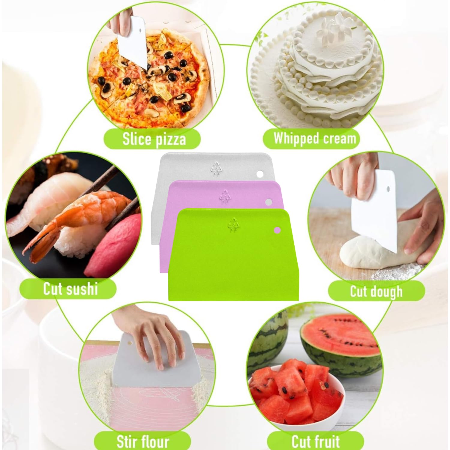 Dough Scraper Bench Scraper HARD - SURDOCA BPA Free PP Plastic Dough Cutter, Sharp Edge & Angles Dough Divider. Non-Slip Kitchen Baking Spatula Scraper, Cooking Lovers' Gift, Color: Blue+Green+White