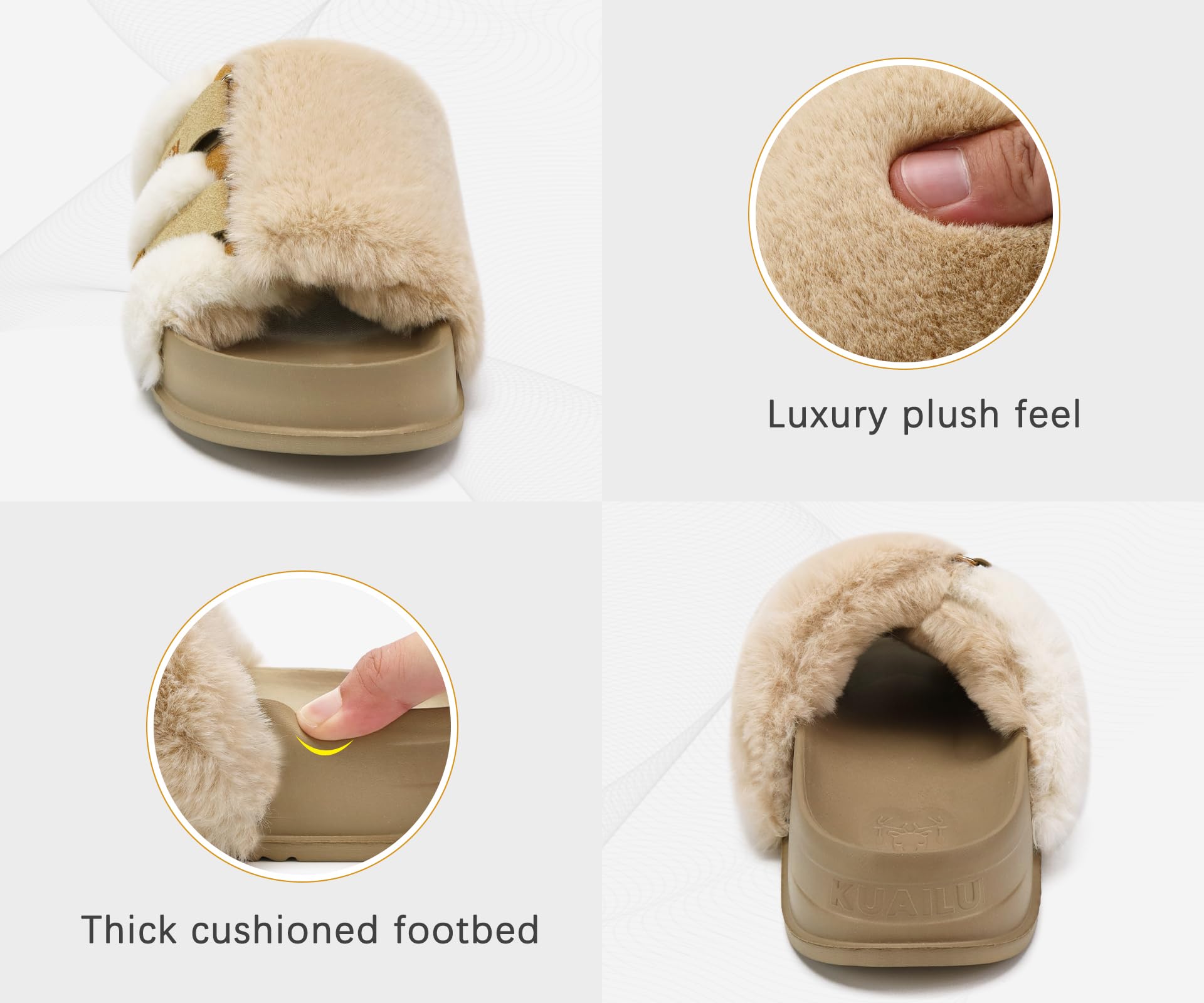 KuaiLu Womens Slides Soft Cushion Faux Fur Sandals for Women Open Toe House Slipper with Arch Support Ladies Slip On Fuzzy Platform Slipper Indoor Outdoor,Beige Size 8